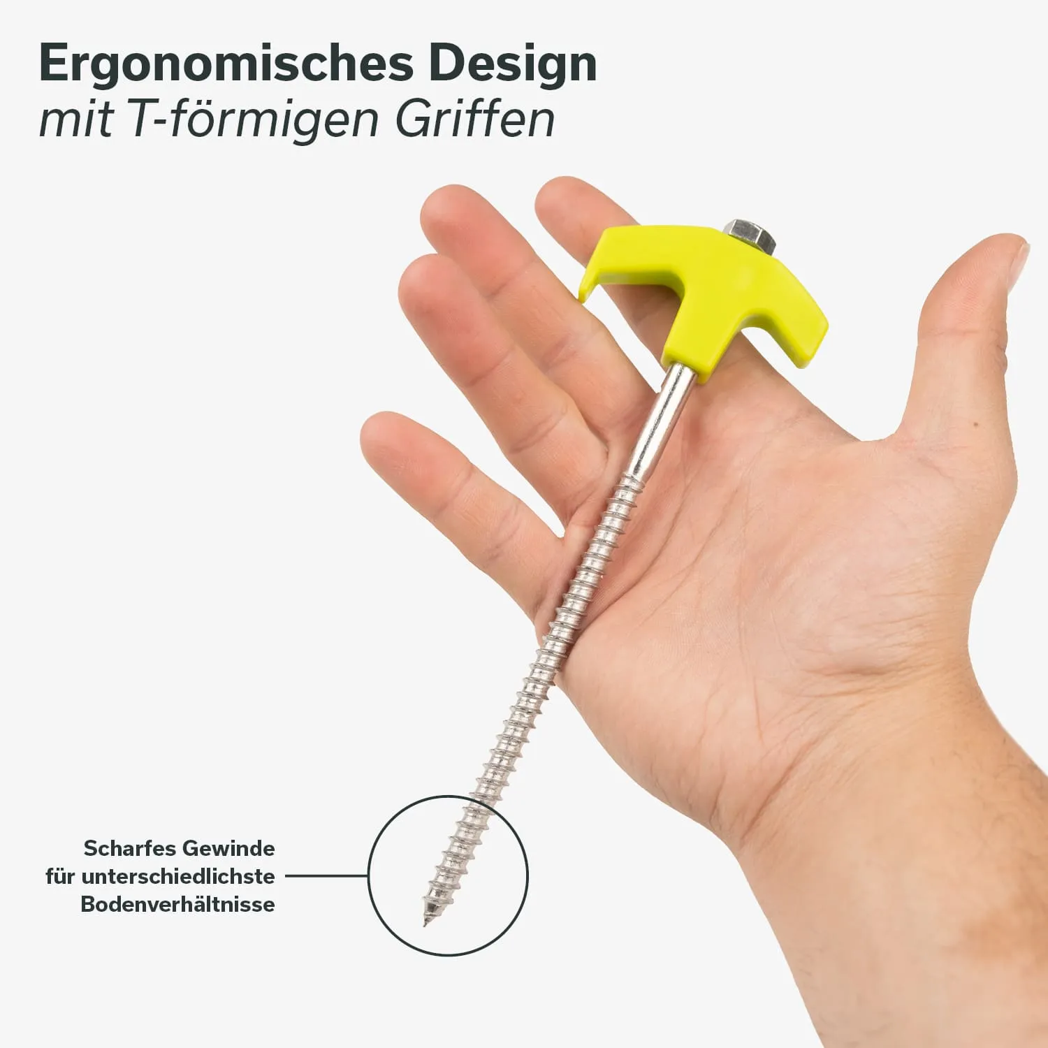 Ein Handgriff hält einen metallischen Schraubanker mit gelbem T-förmigem Kopf und scharfem Gewinde.