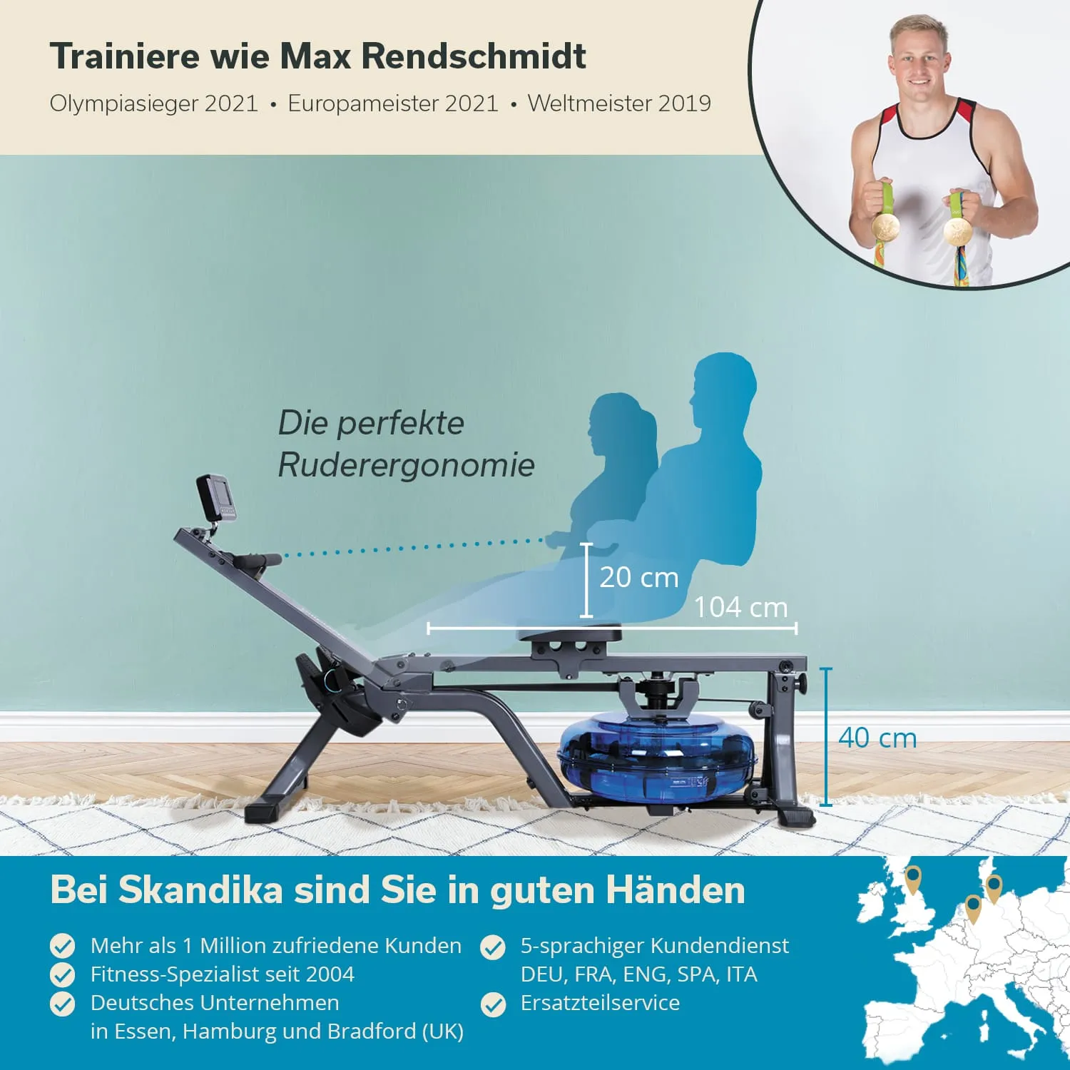 Rudergerät mit ergonomischen Maßeinheiten, grafische Darstellung von zwei Personen in Ruderposition. Textinfos und Logo in der unteren Ecke.