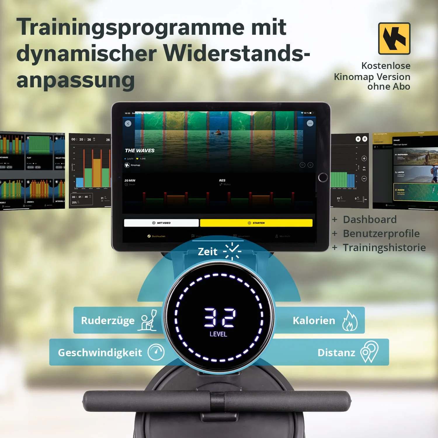 Rudergerät mit Digitaldisplay und Tablet. Informationen zu Zeit, Ruderzügen, Geschwindigkeit, Kalorien und Distanz angezeigt.