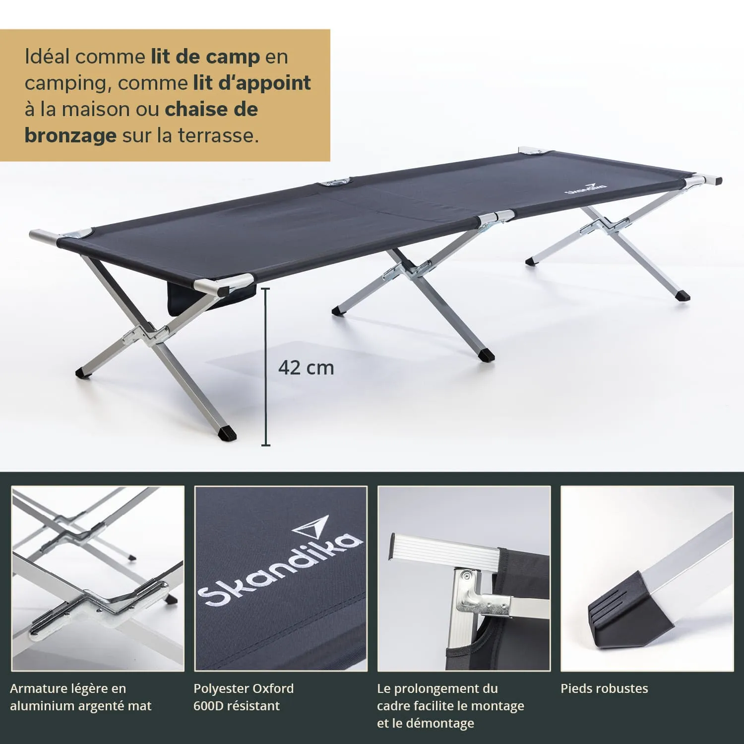 Klappbett in Schwarz mit silberner Aluminiumstruktur. Höhe 42 cm. Grafische Details zu Materialien und Eigenschaften.