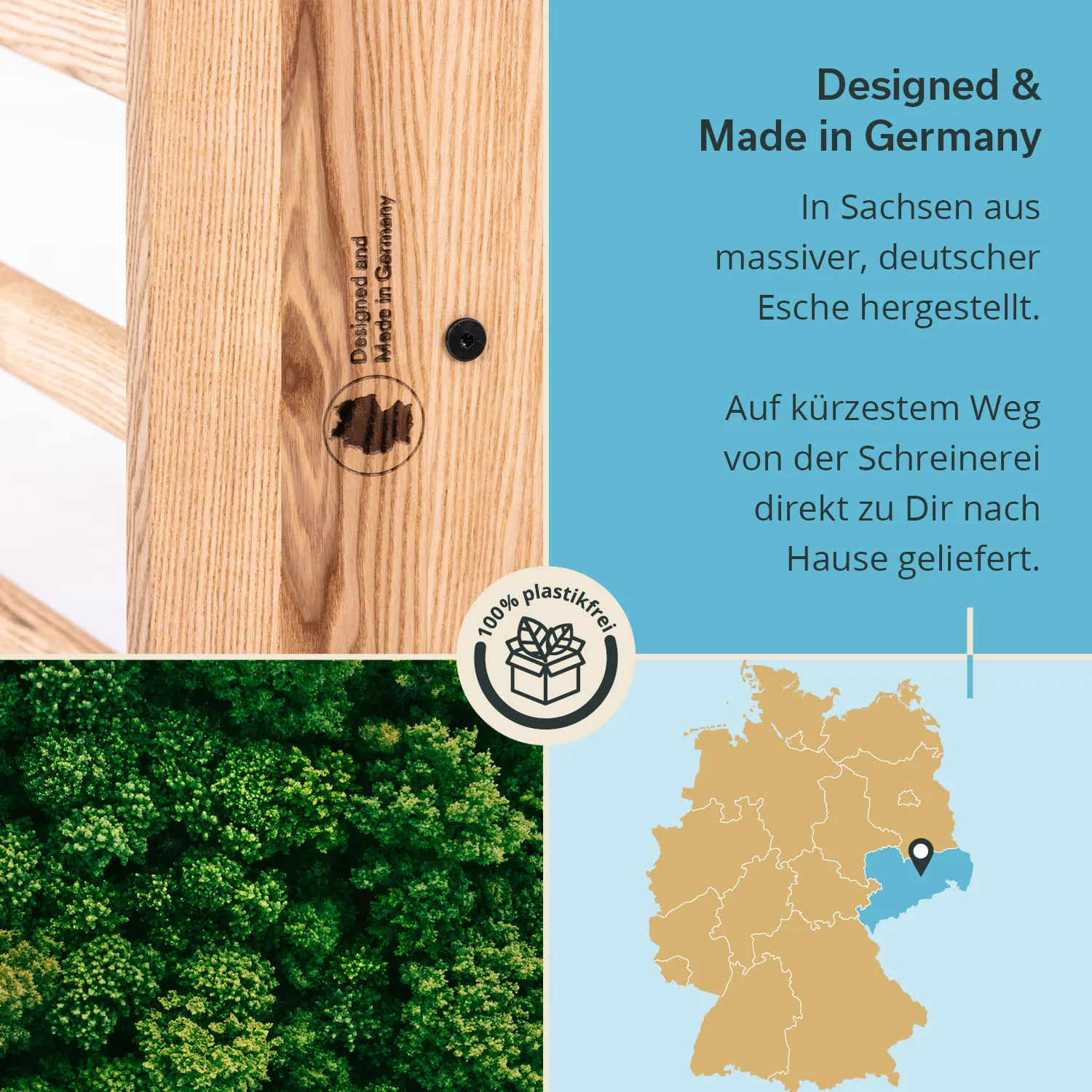 Holzmaserung einer Eschenplatte mit Logo, neben Textinformationen zu Herstellung und Lieferung, sowie eine Karte.