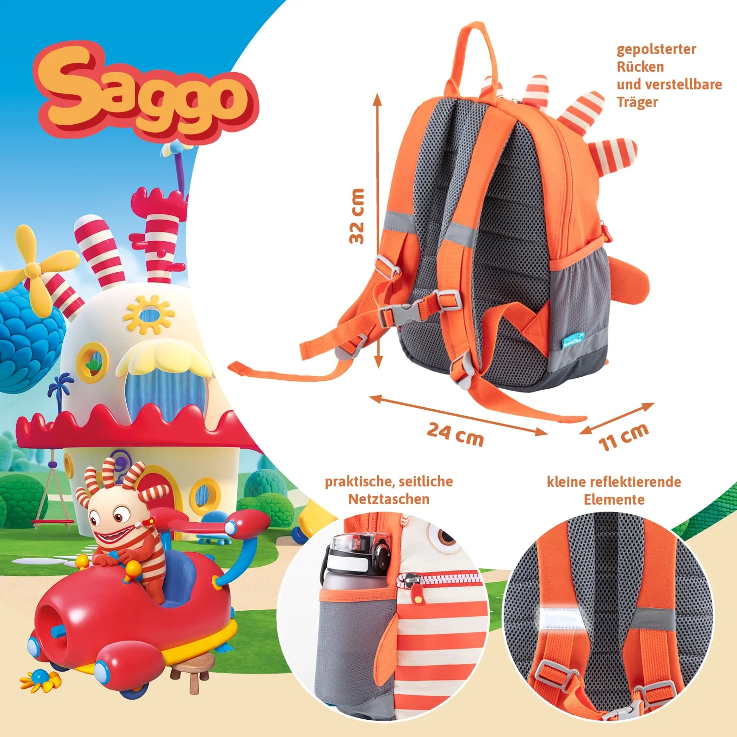 Rucksack in Orange mit gepolstertem Rücken, verstellbaren Trägern und seitlichen Netztaschen. Maße: 32 cm x 24 cm x 11 cm.
