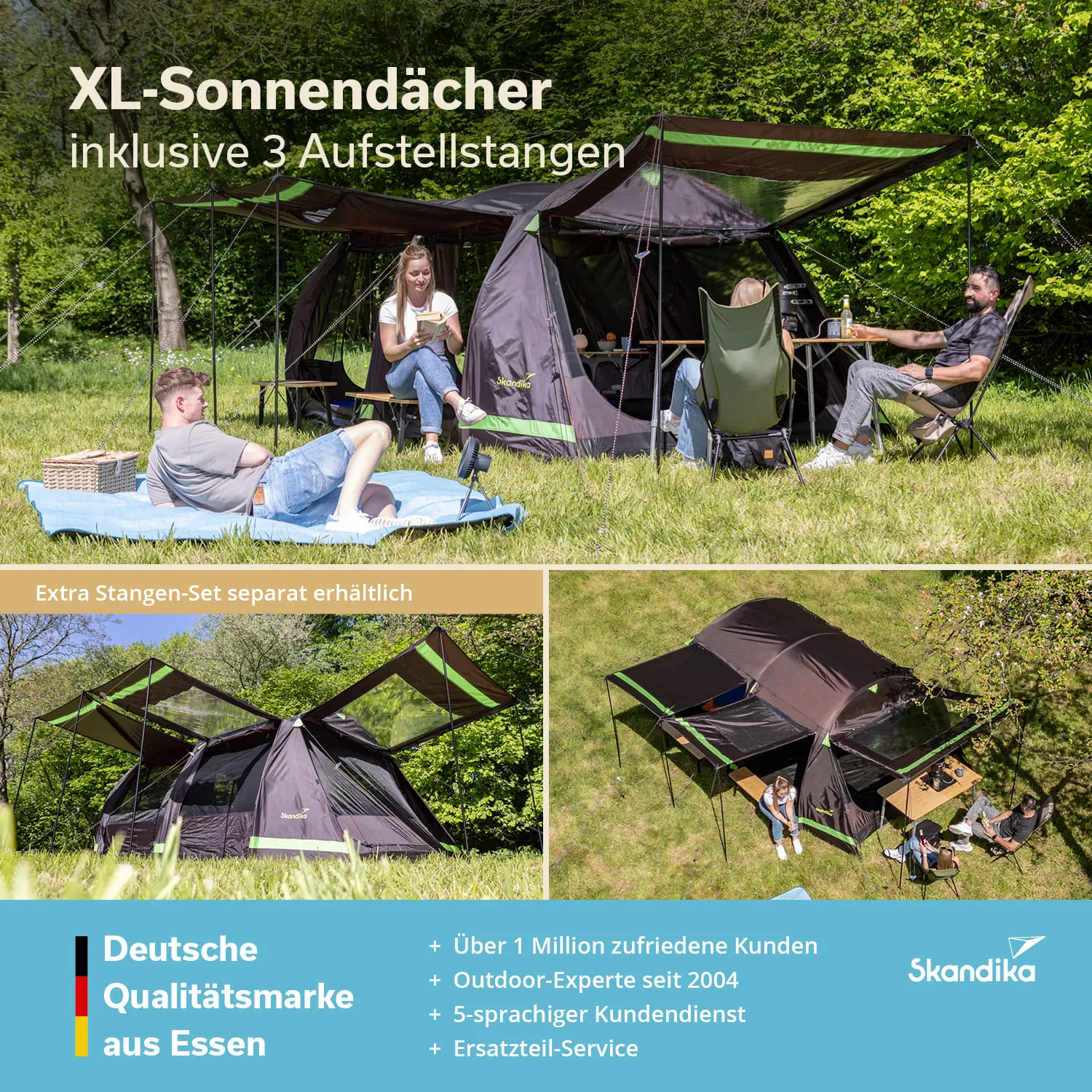 Sonnendächer in einem grünen Park mit mehreren Personen, die entspannen, in Stühlen und auf Liegen. Produkte sichtbar.