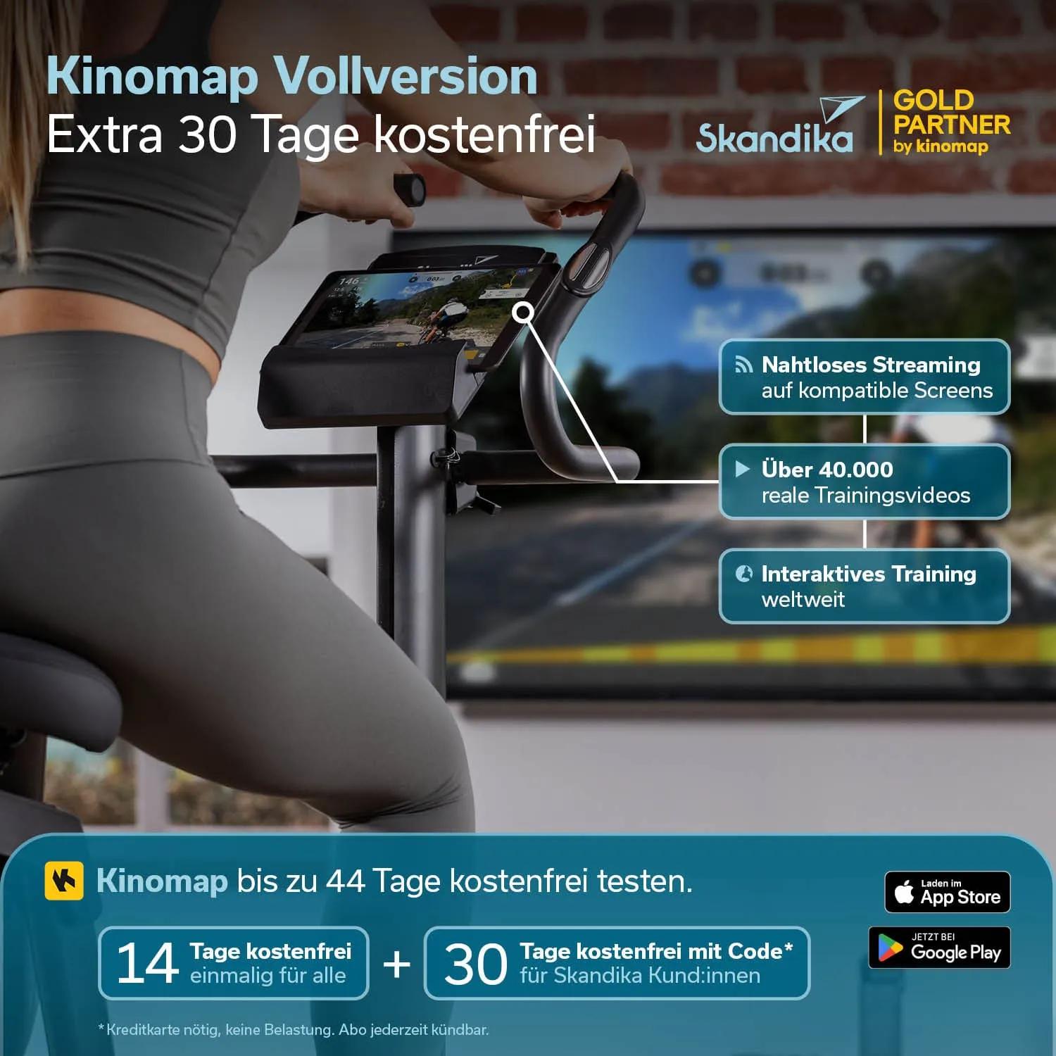 Trainingsgerät mit Display, Tablet-Halterung und Handgriffen. Informationen zu Funktionen und Trainingsprogrammen sind vorhanden.