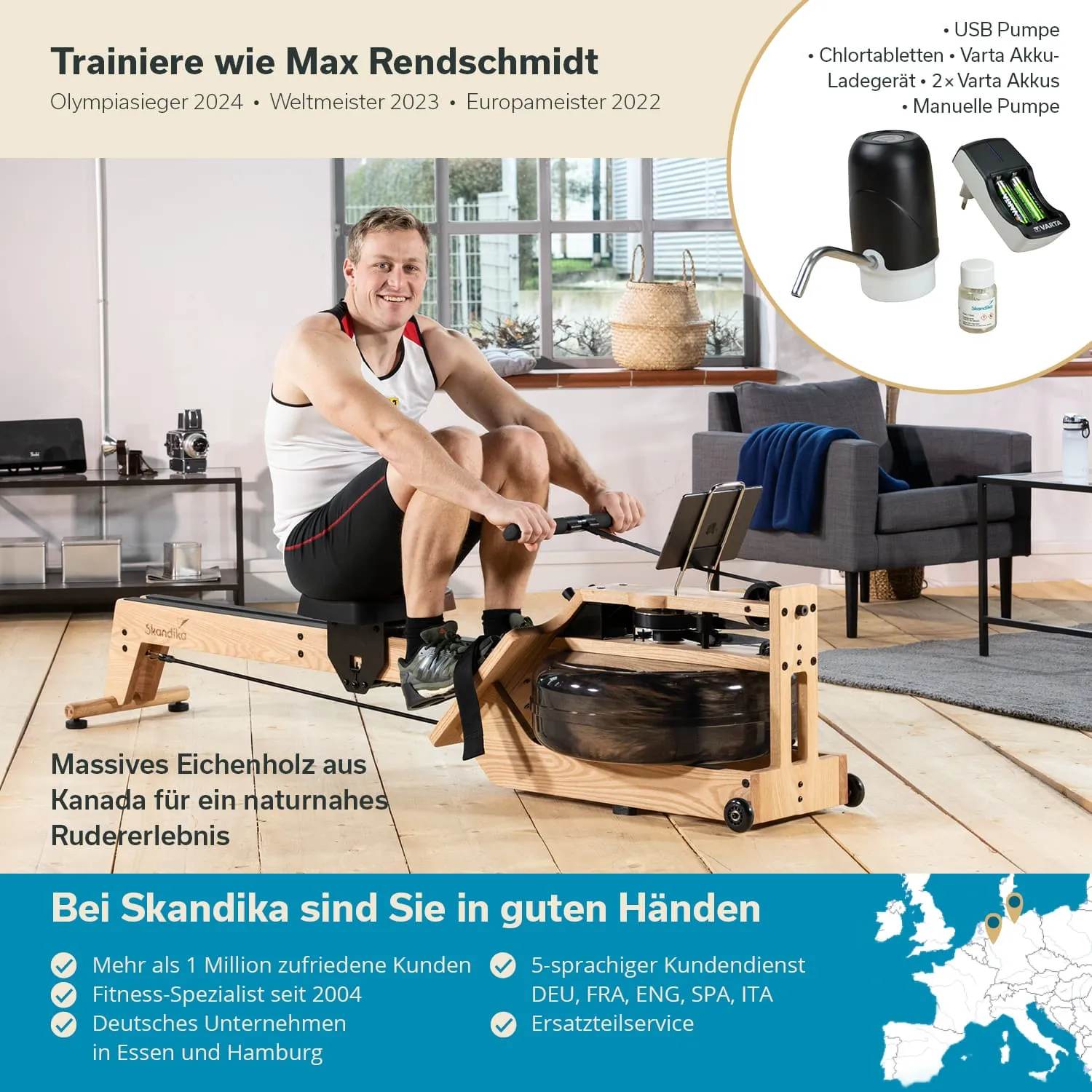 Mann sitzt auf einem Rudergerät aus Holz in einem hellen Raum mit großen Fenstern. Im Hintergrund steht ein Sofa.