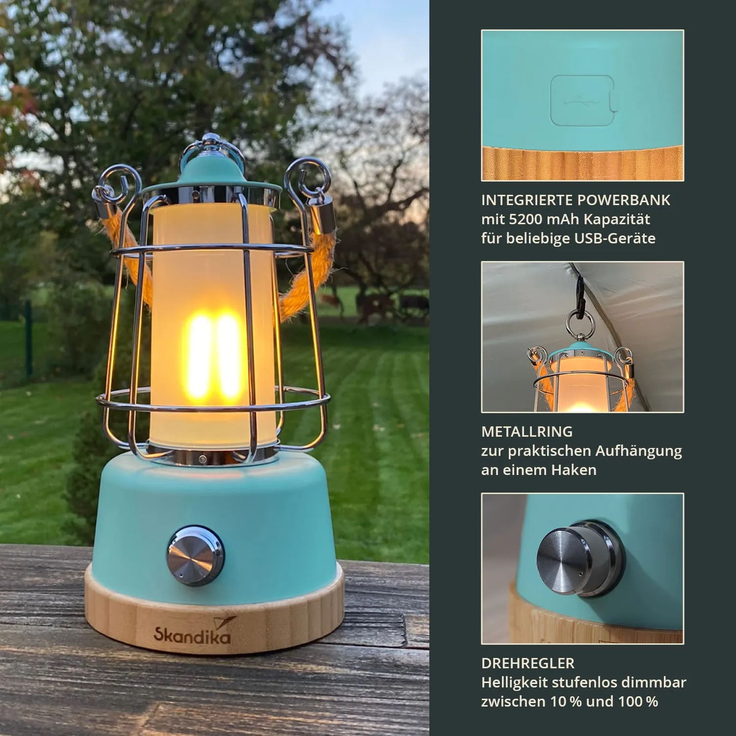 Tischlampe in mintgrün mit Metallgitter und Holzsockel, leuchtet sanft im Freien. Im Hintergrund Rasen und Bäume.