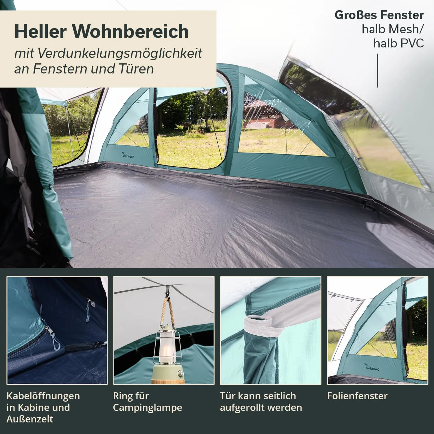 Heller Innenraum eines Zeltes mit grauem Boden, Fenstern aus Mesh und PVC sowie Zubehör für Kabel und Beleuchtung.