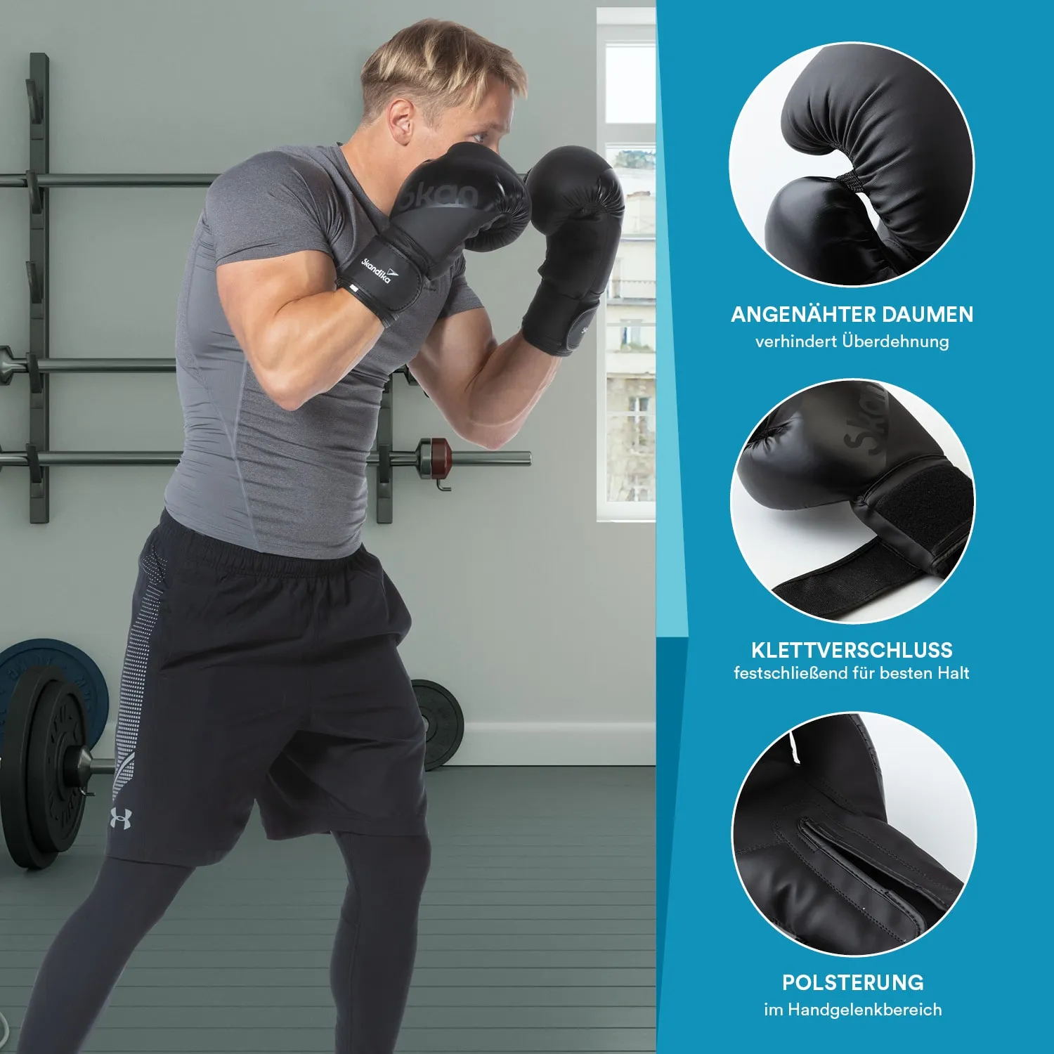 Person in Sportkleidung trägt schwarze Boxhandschuhe. Hintergrund mit Fitnessgeräten und einem Fenster.