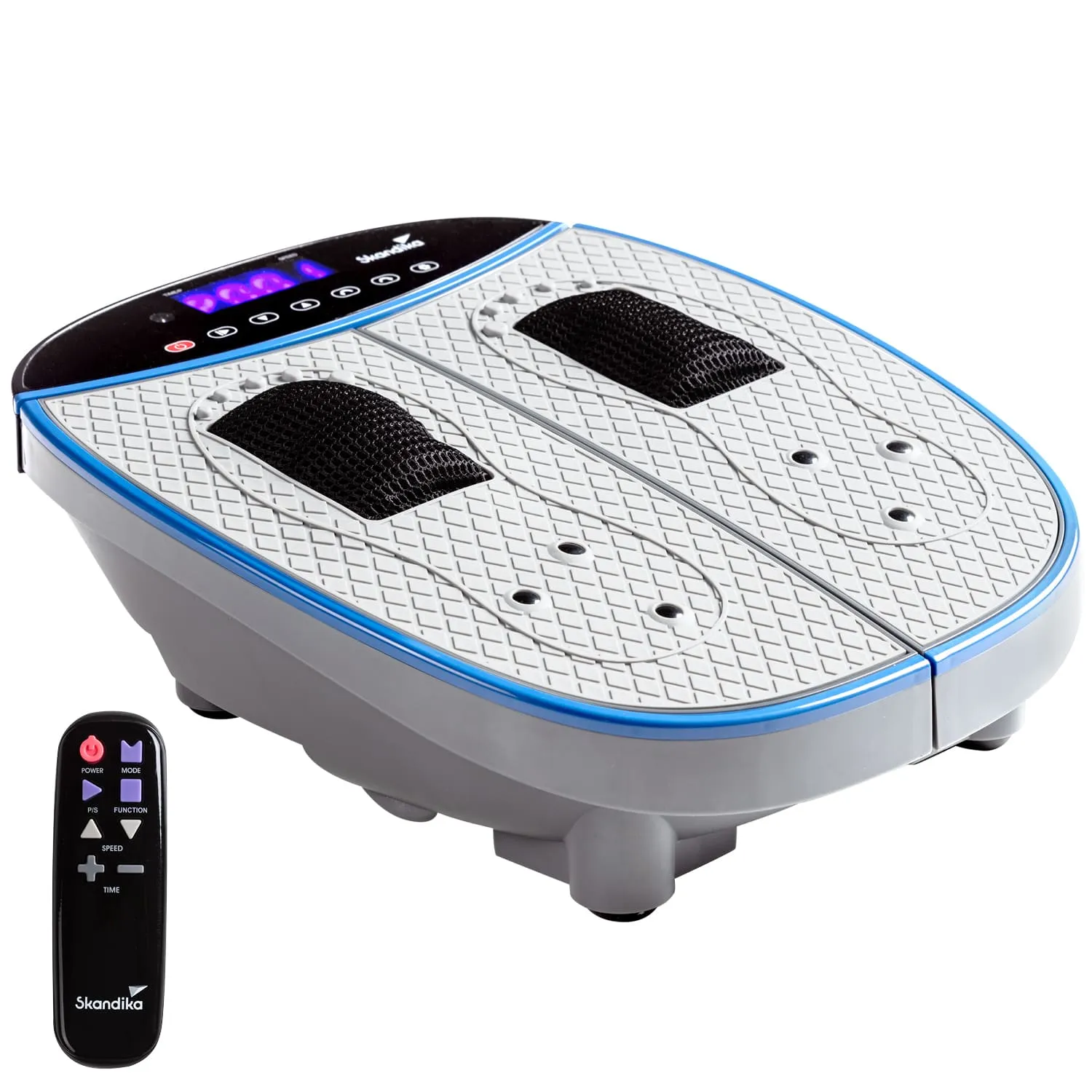 Elektro-Fußmassagegerät mit zwei rutschfesten Stellen, digitalem Display und Fernbedienung. Gerät in Grau und Blau.