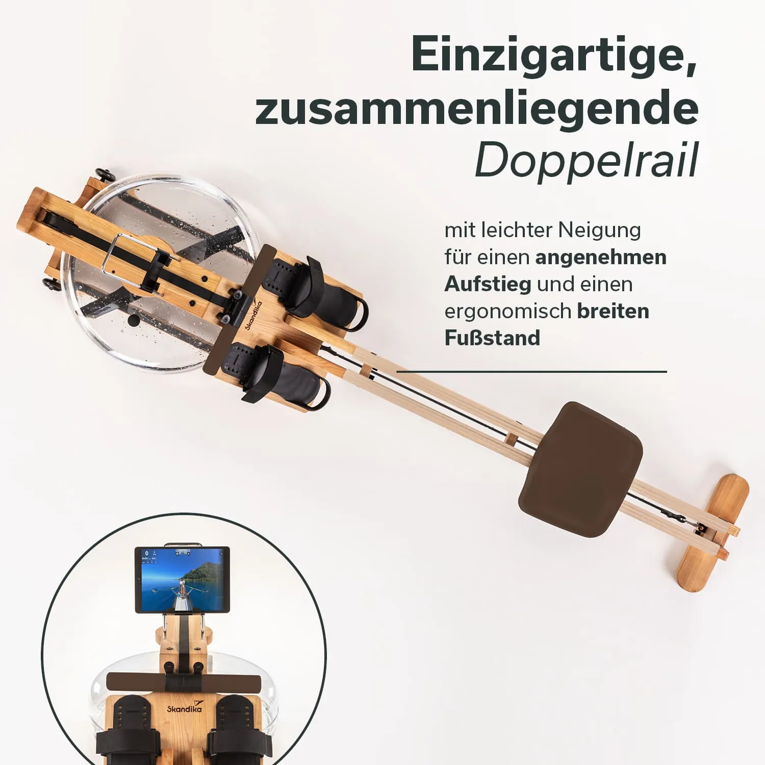 Rudergerät aus Holz mit Wasserkammer, breiten Fußstützen und einer Halterung für ein Tablet, von oben betrachtet.