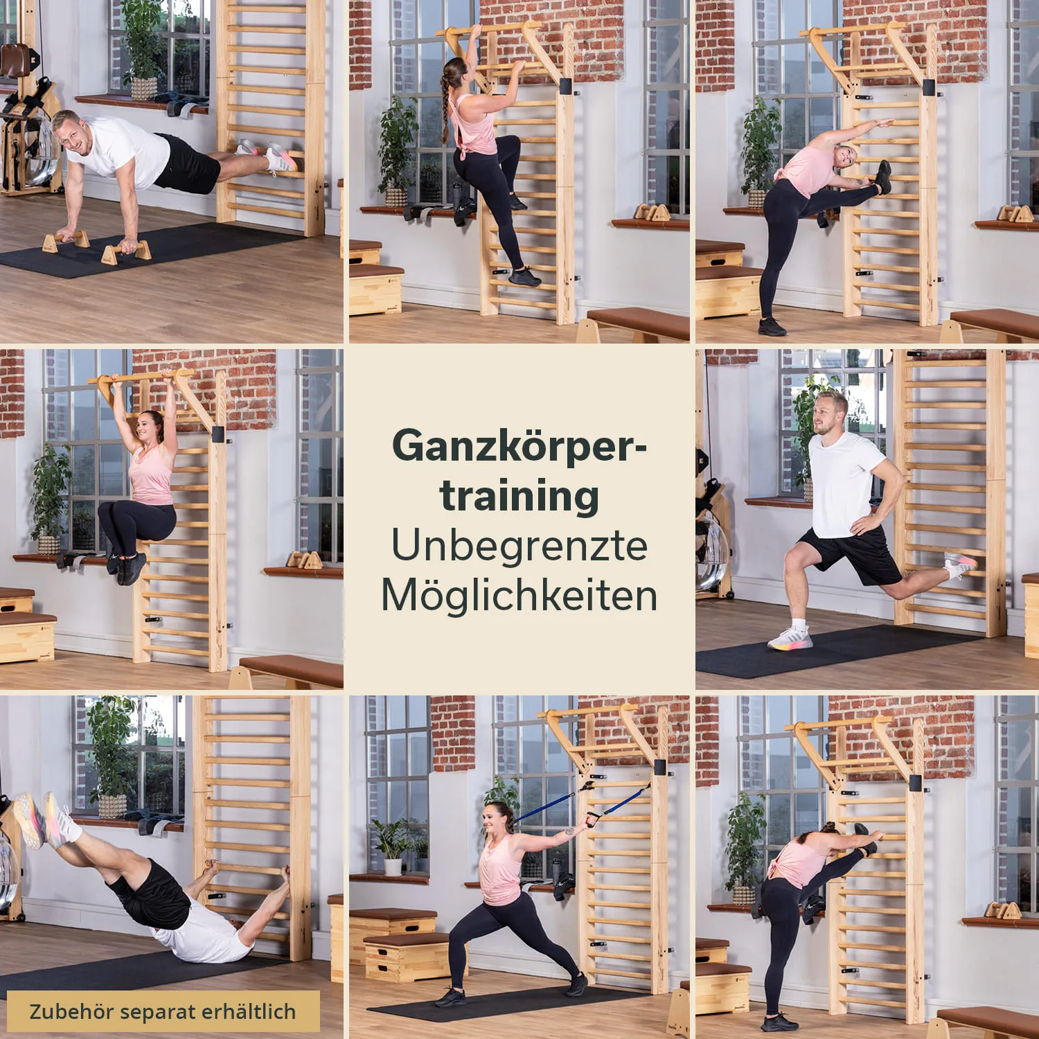 Trainingseinheiten mit verschiedenen Übungen an einer Fitnesswand. Die Umgebung ist hell, mit Fenstern und Holzmaterialien.