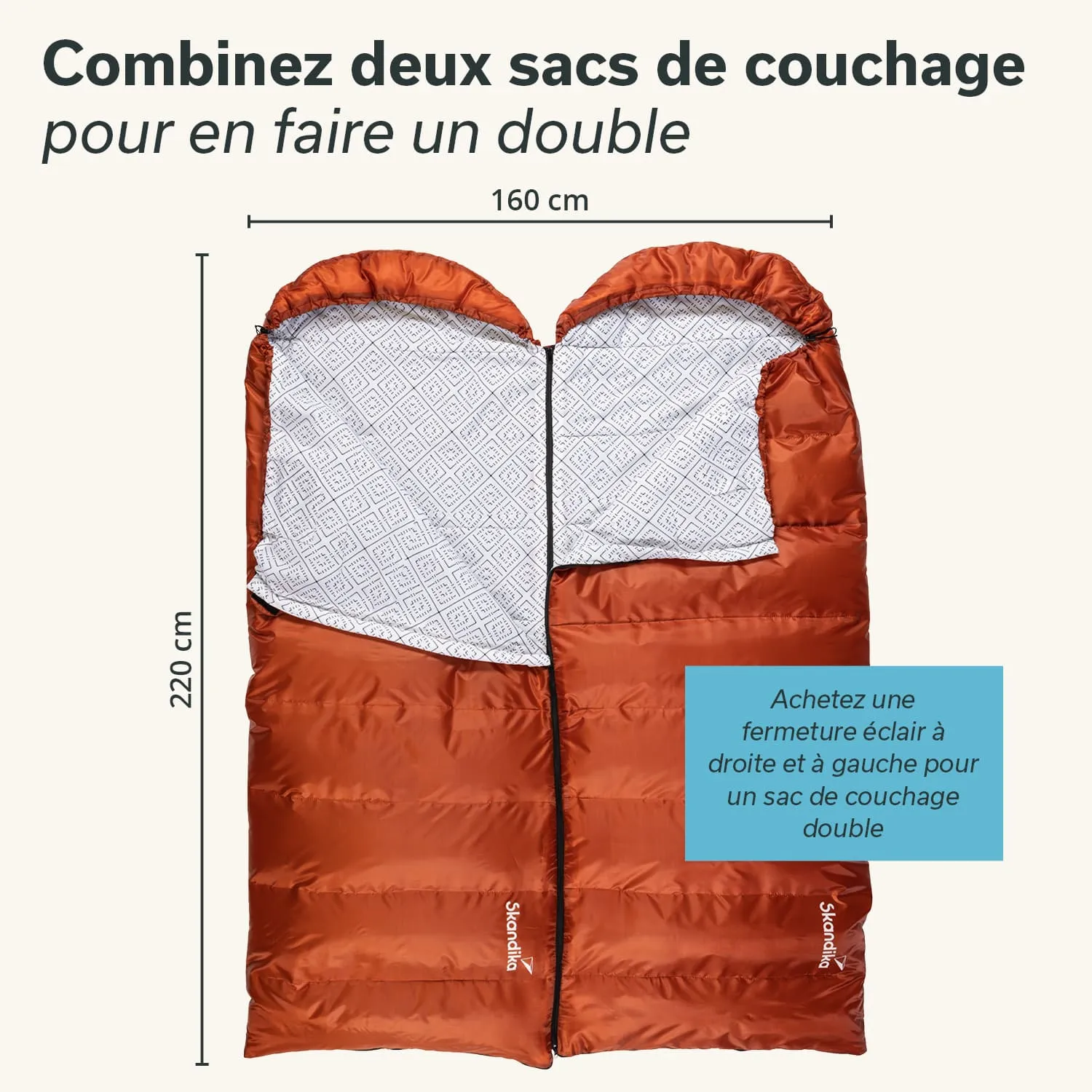 Zwei orangefarbene Schlafsäcke werden gezeigt, kombiniert zu einem doppelten Schlafsack. Innen musterweise gestrickt, inklusive Maßangaben.