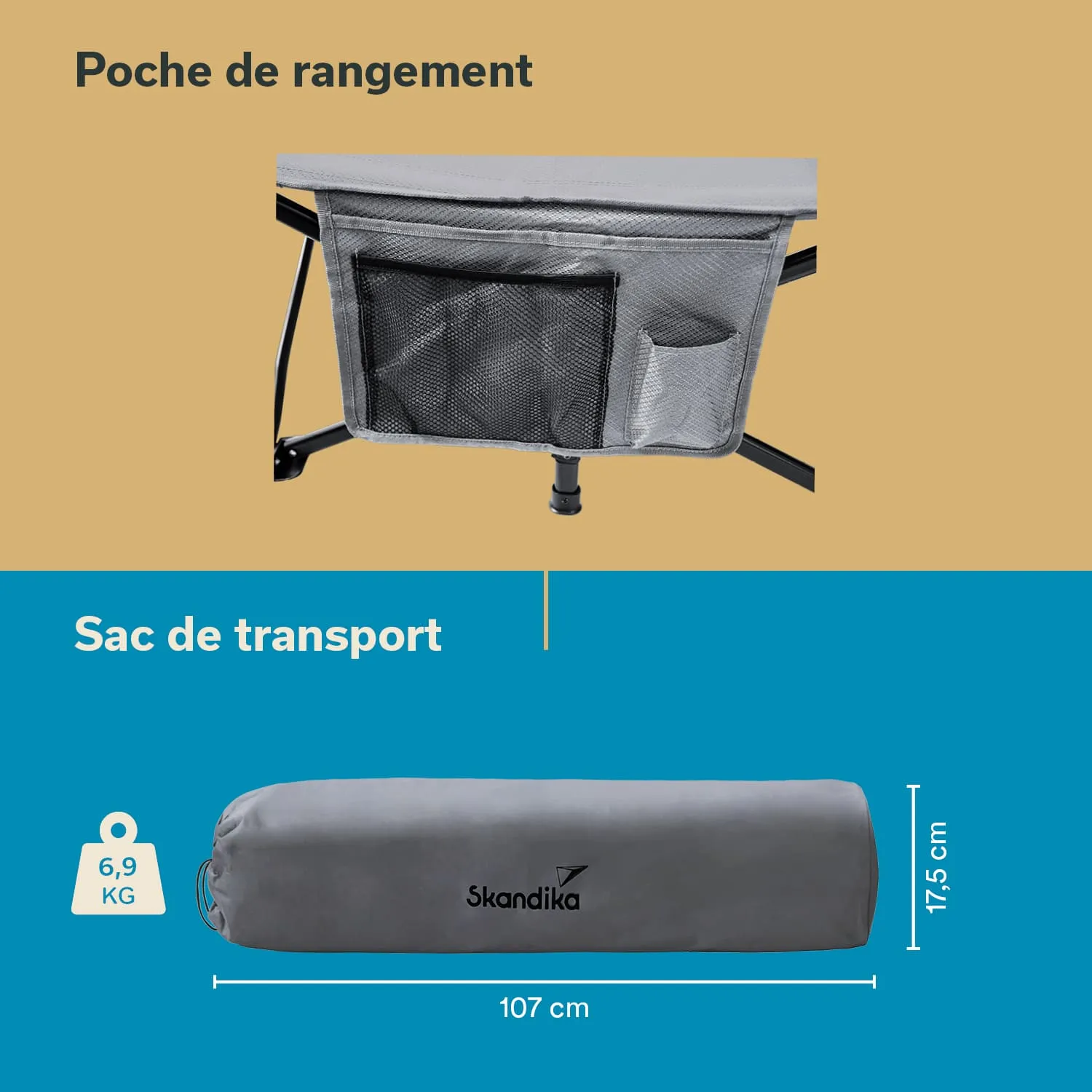 Auf dem Bild sind zwei Produkte abgebildet: oben eine schwarze Aufbewahrungstasche an einem Tisch, unten ein grauer Transportbeutel mit den Maßen 107 cm und 17,5 cm.