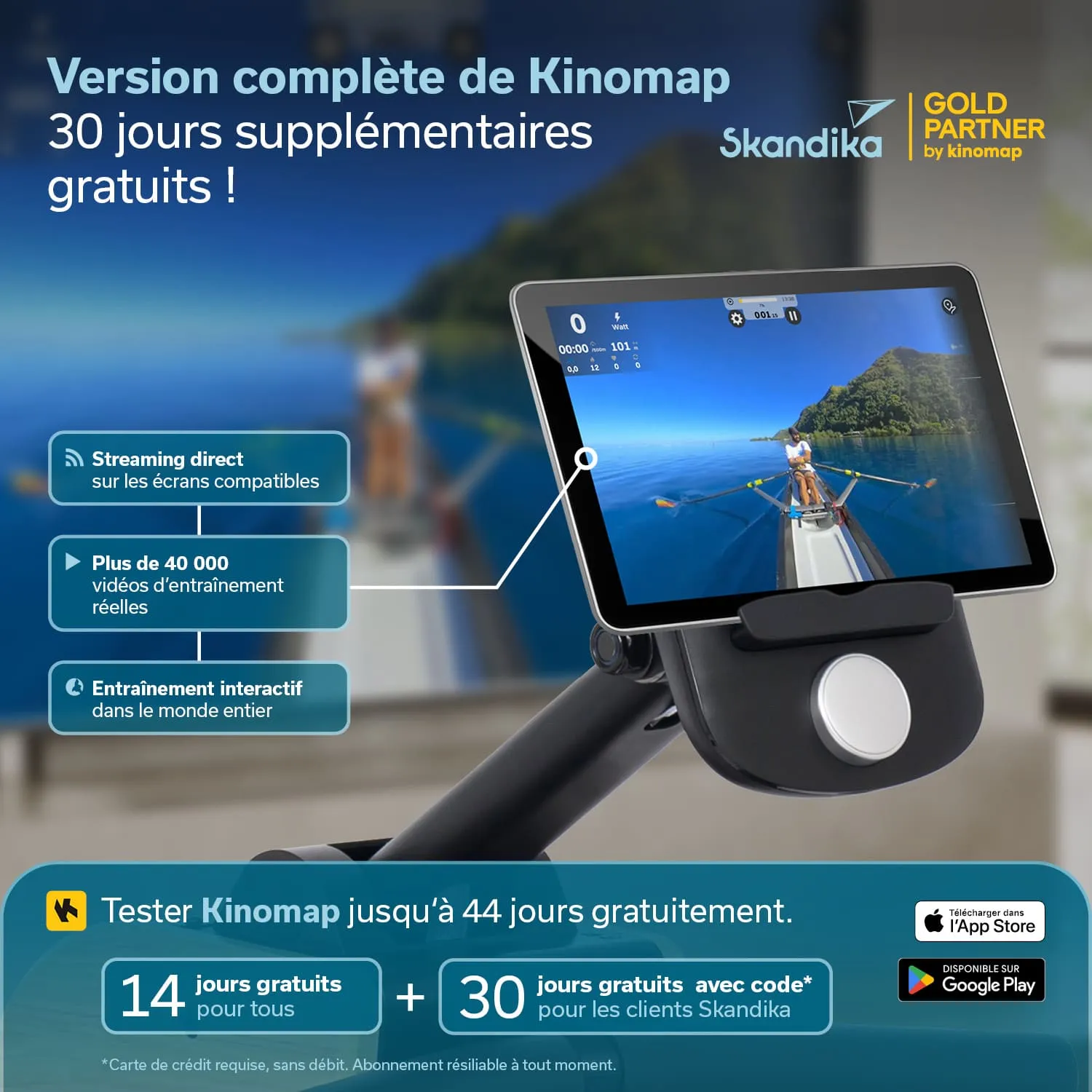 Tablet auf Halterung mit Trainingsvideo, Informationen zu Kinomap-Abonnement und kostenloser Testzeitraum.