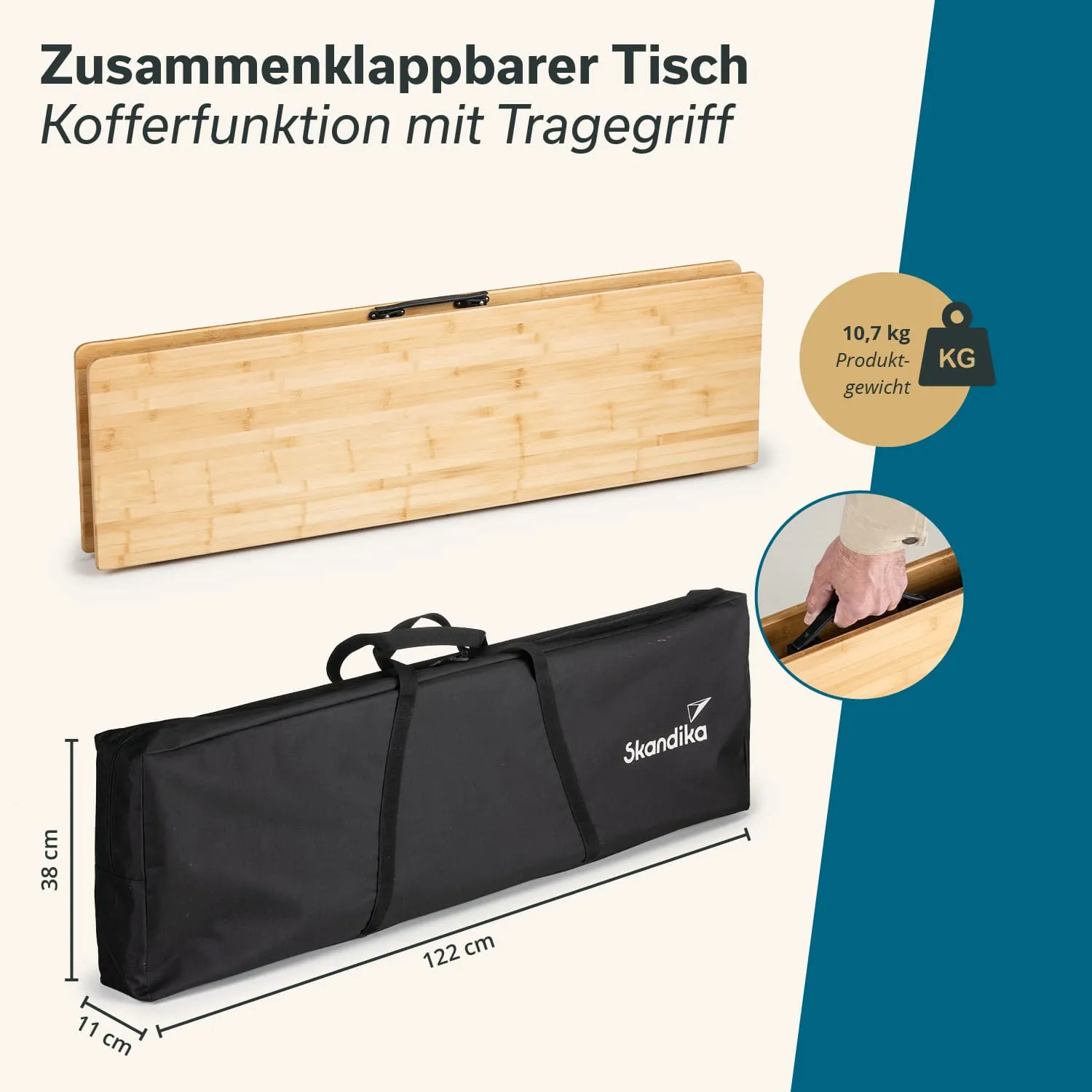 Zusammenklappbarer Tisch mit Kofferfunktion und Traggriff. Abgebildet sind Tischplatte und Tragetasche mit Maßen.