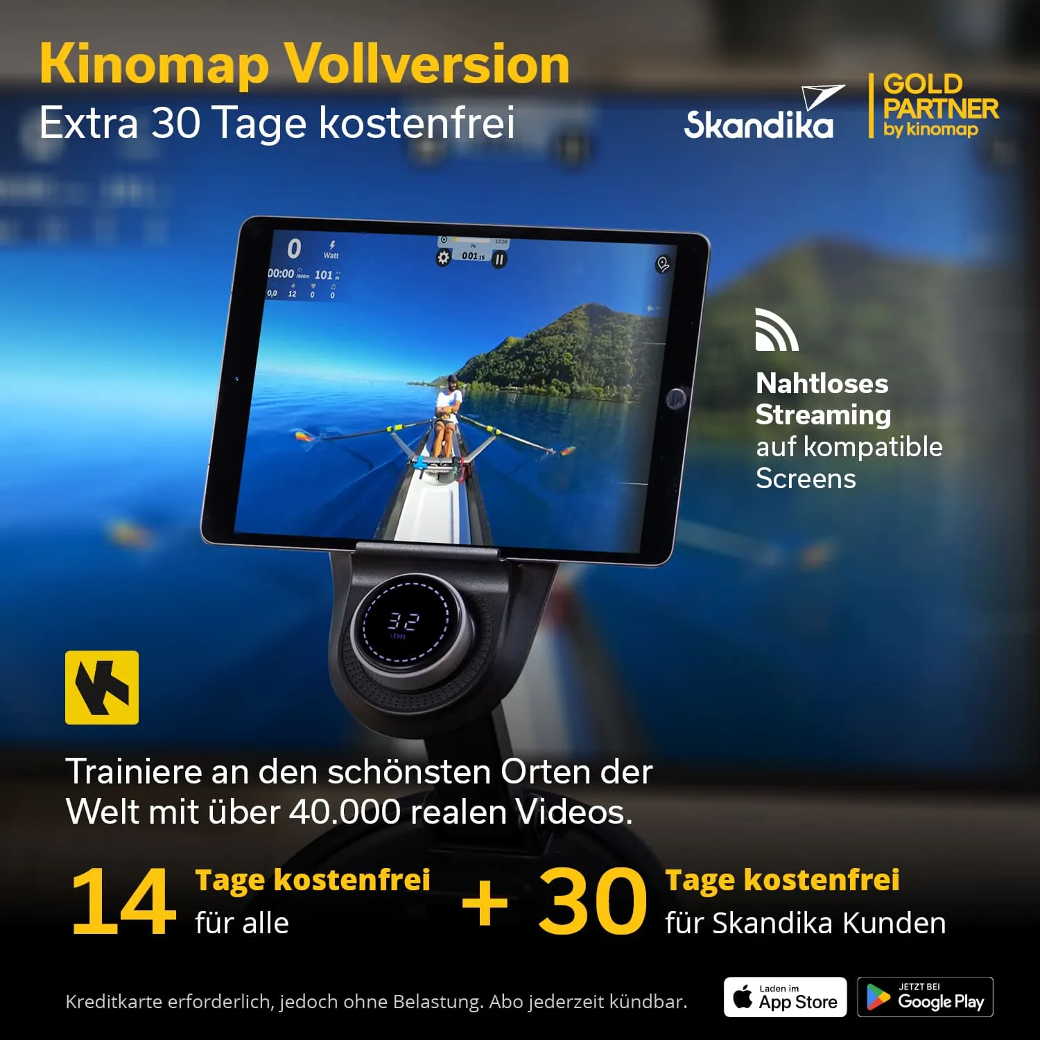 Tablet zeigt ein Ruderboot auf Wasser mit Grafik-Overlay. Text informiert über Kinomap-Vollversion und kostenlose Testtage.