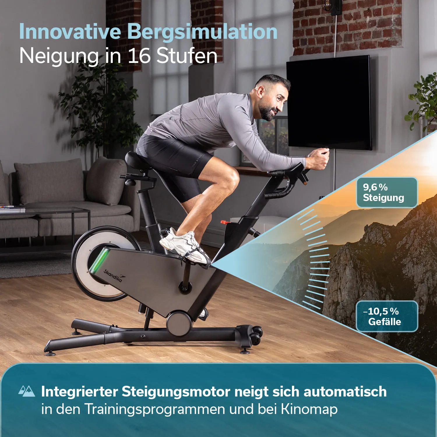 Ein Fitnessgerät mit Neigungsfunktion steht in einem modernen Raum. Eine Person trainiert darauf.