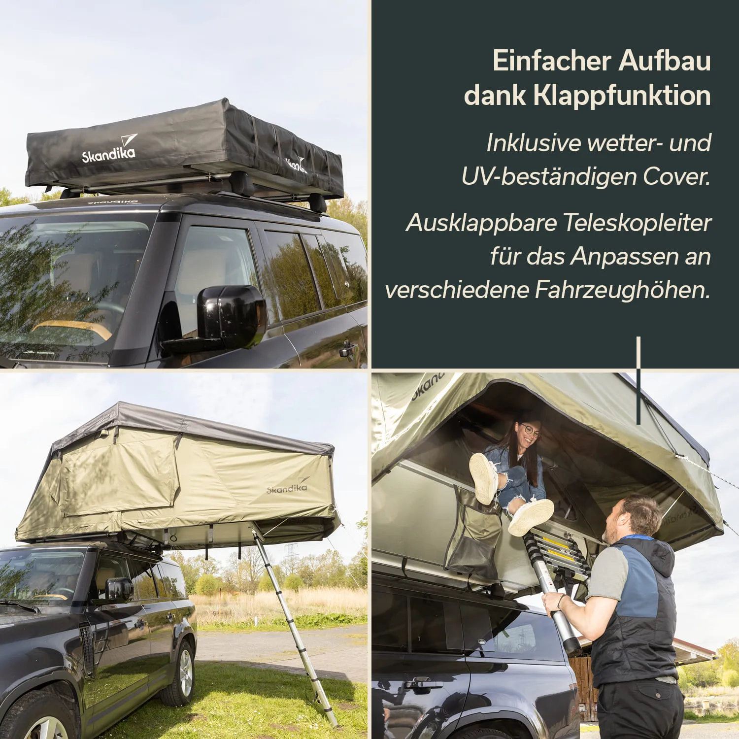 Dachzelt auf einem SUV, eine Person steht auf einer Leiter. Zelt mit hoher Seitenwand und klappbarer Funktion.