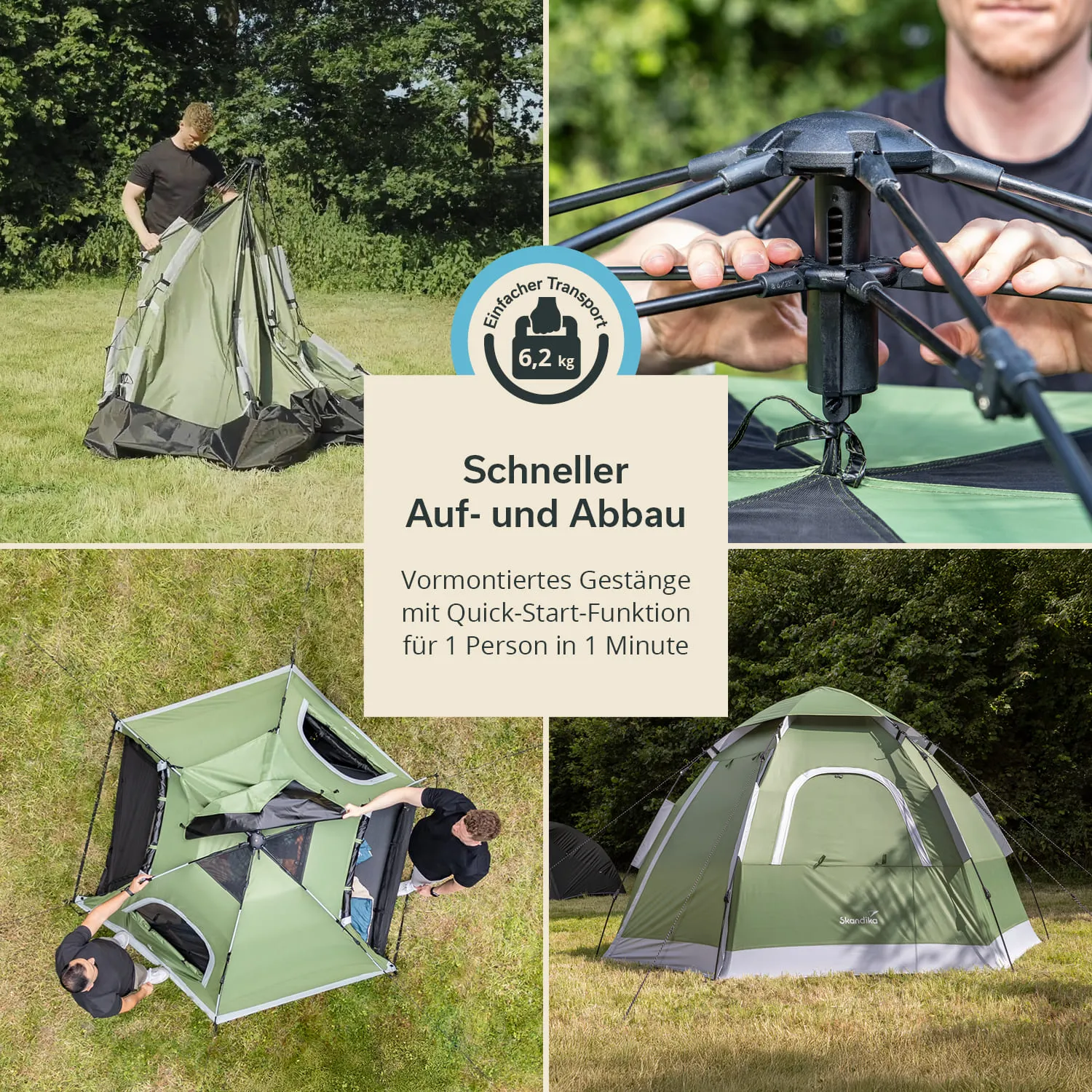 Zeltaufbau in grünem Design mit Person, die Gestänge montiert. Diverse Ansichten des Zeltes in natürlicher Umgebung.