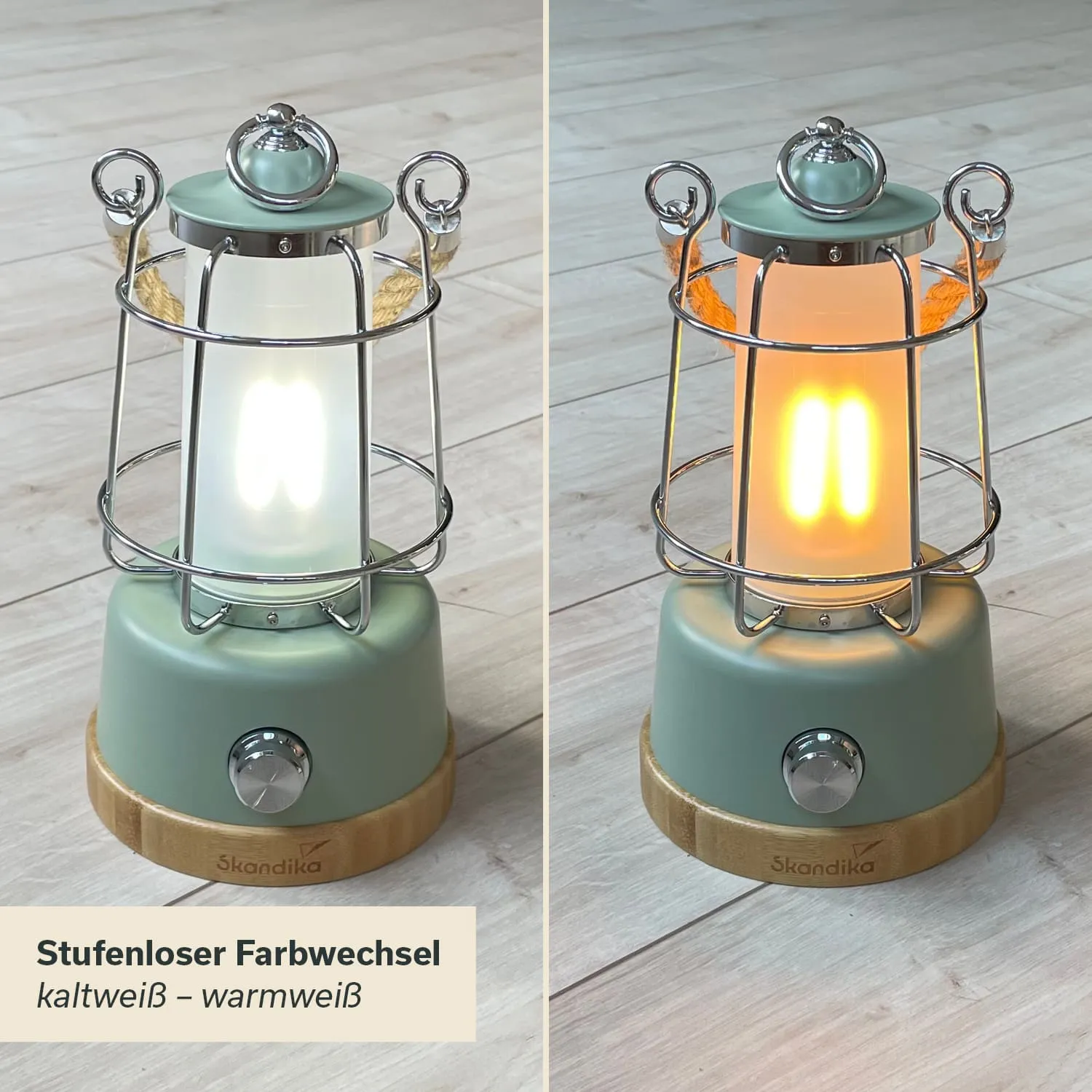 Eine dekorative LED-Lampe in mintgrün mit einem Metallgitter und einem Holzsockel. Sie zeigt zwei Lichtfarben: kaltweiß links und warmweiß rechts.