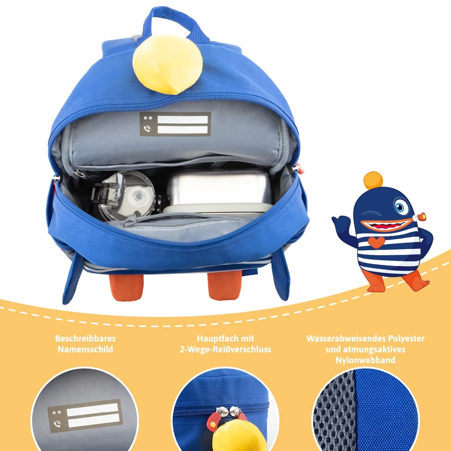 Blauer Rucksack mit gelbem Pompon und einem Hauptfach. Enthält ein Namensschild und eine Wasserflasche. Rechts ein buntes Maskottchen.