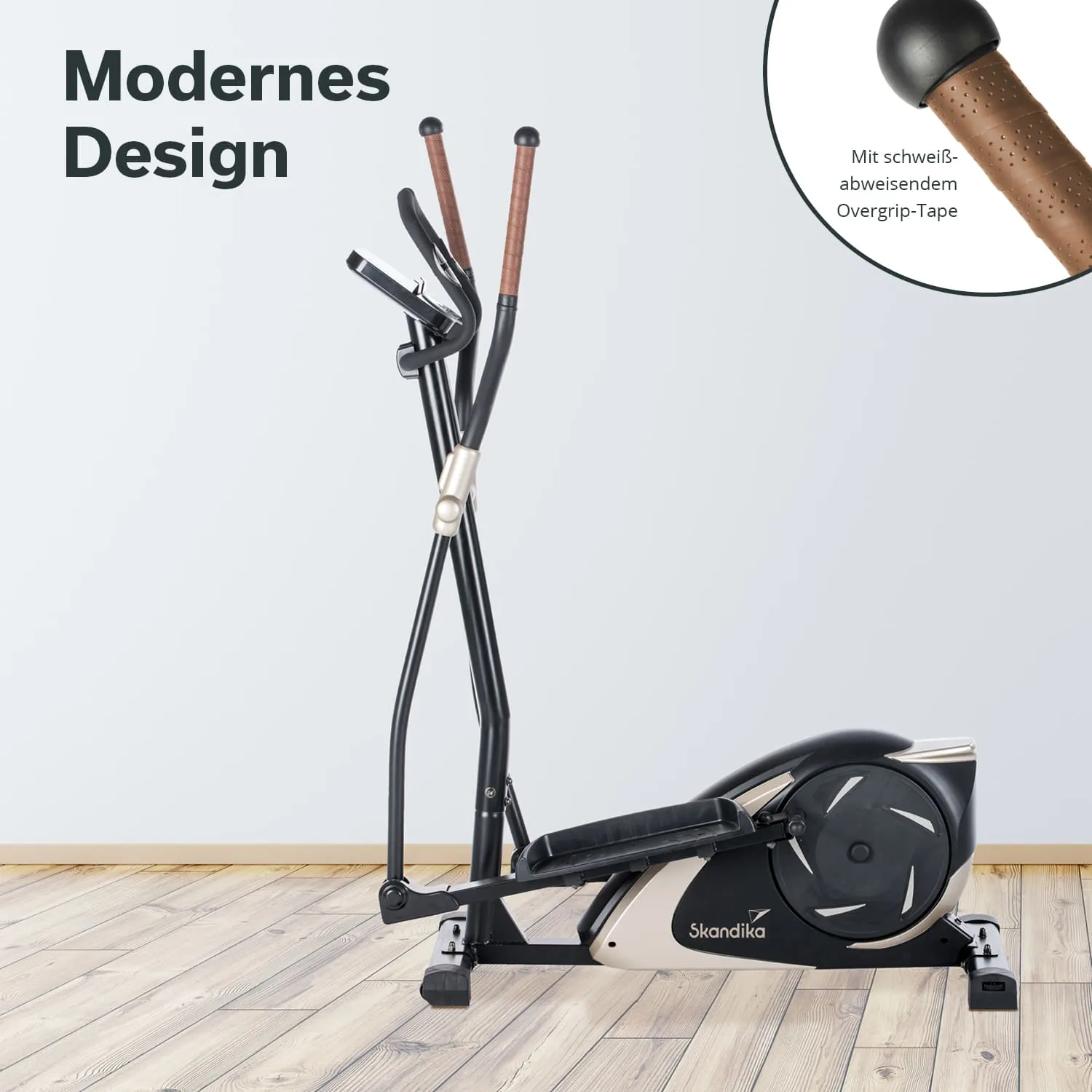 Ellipsentrainer in modernem Design mit braunen und schwarzen Griffen auf einem hellen Boden.