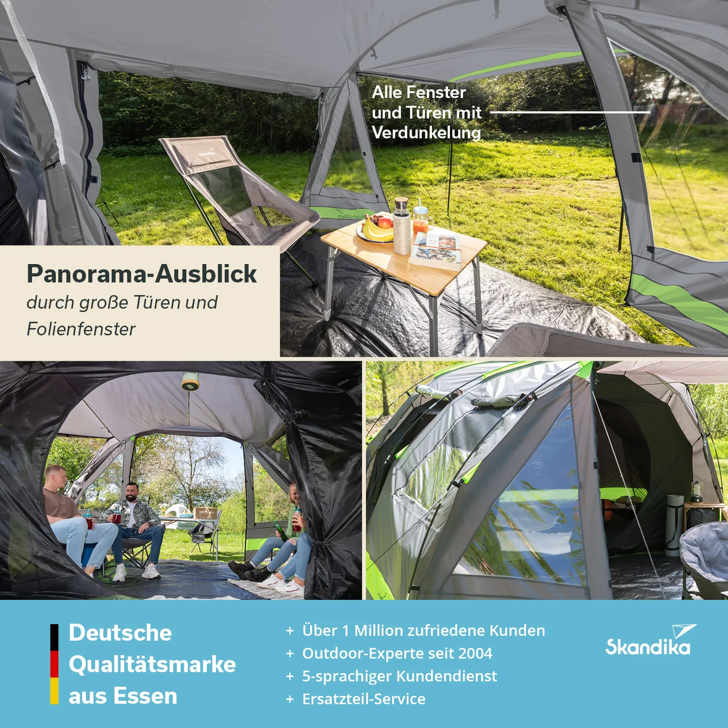 Wohnzelt mit großen Fenstern und Türen, ausgestattet mit Stühlen und einem Tisch mit Getränken und Obst. Verdeckt durch Möbel, helle Umgebung.