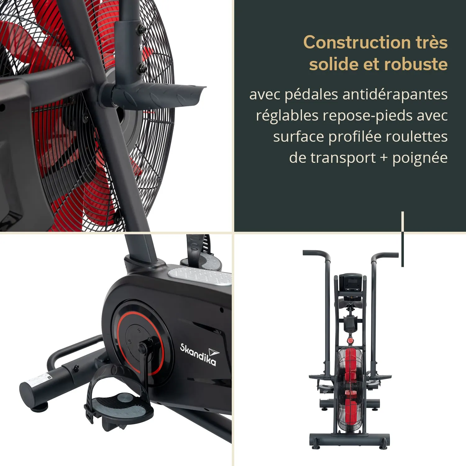 Rower mit robustem Design, Ruderblättern, roten Lüfterelementen und einer digitalen Anzeige. Pedale mit rutschfester Oberfläche.