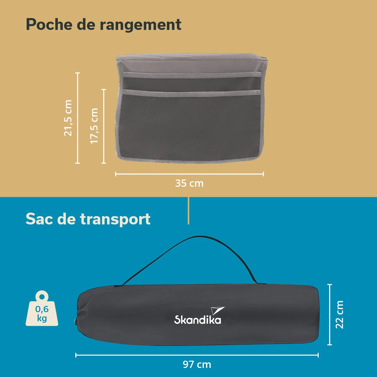Auf dem Bild sind zwei Produkte dargestellt: eine graue Aufbewahrungstasche mit Netzfächern und ein schwarzer Transportbeutel mit dem Logo "Skandika".