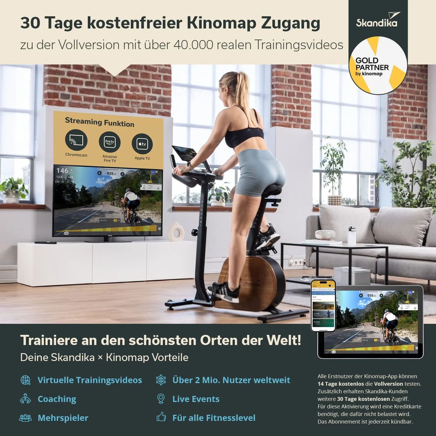 Frau auf einem Fahrradergometer in einem modernen Raum. Ein Fernseher zeigt Trainingvideos. Informationen zu Kinomap-Zugang sind sichtbar.