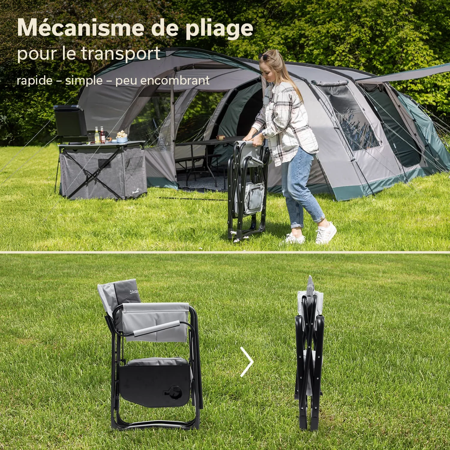 Faltstuhl in einem grünen Garten. Eine Person hält den zusammengeklappten Stuhl. Im Hintergrund ein Zelt und ein Tisch mit Ausrüstung.