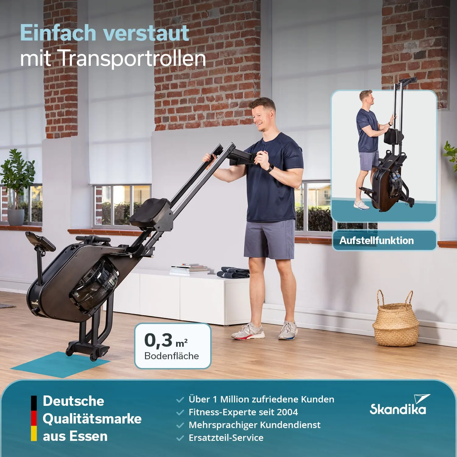 Rowing-Maschine in einem modernen Raum, eine Person hebt sie an. Links eine Präsentation der Aufstellfunktion.