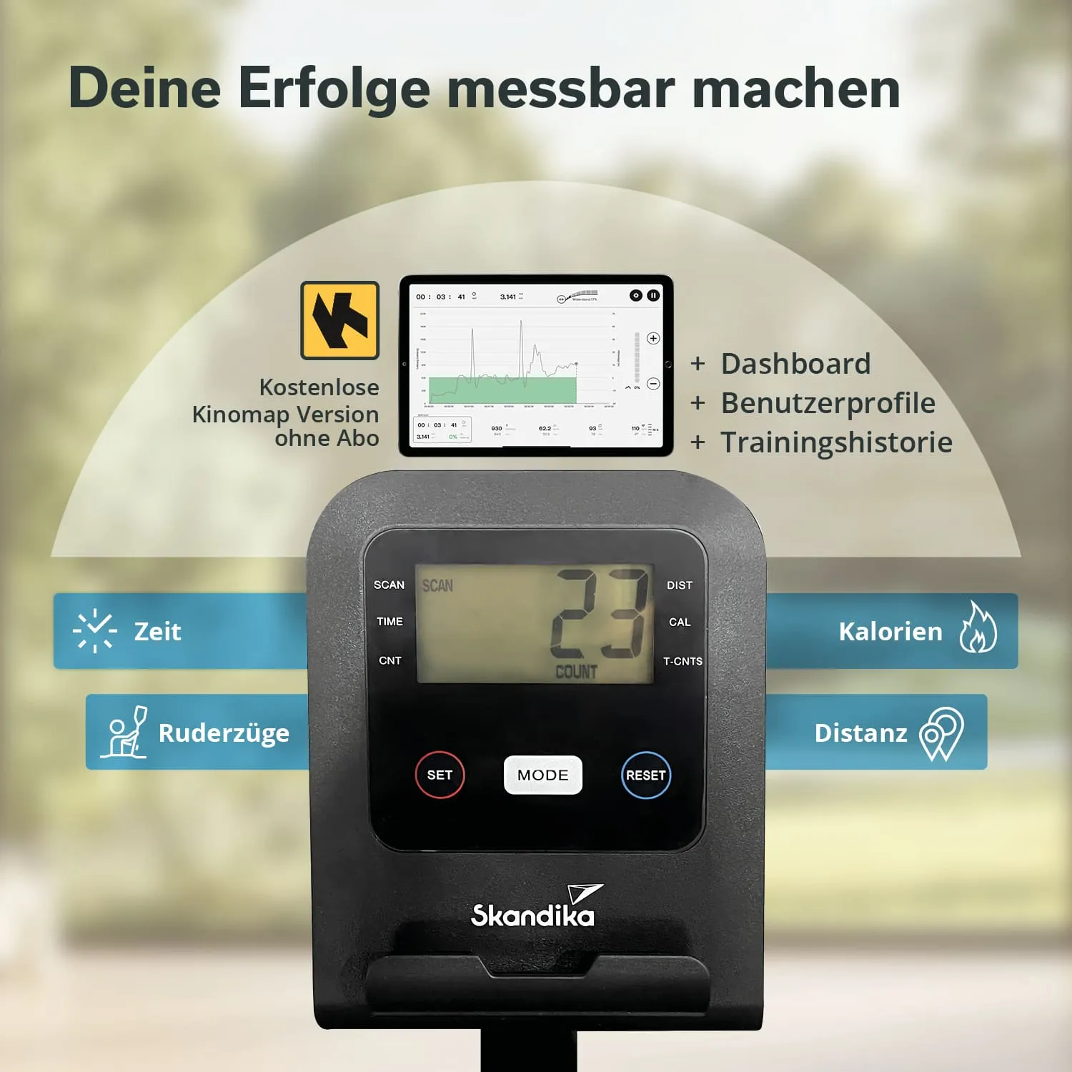 Digitales Display eines Rudergeräts mit Anzeigen für Zeit, Kalorien, Distanz und Ruderzüge. Im Hintergrund eine Grafik auf einem Tablet.