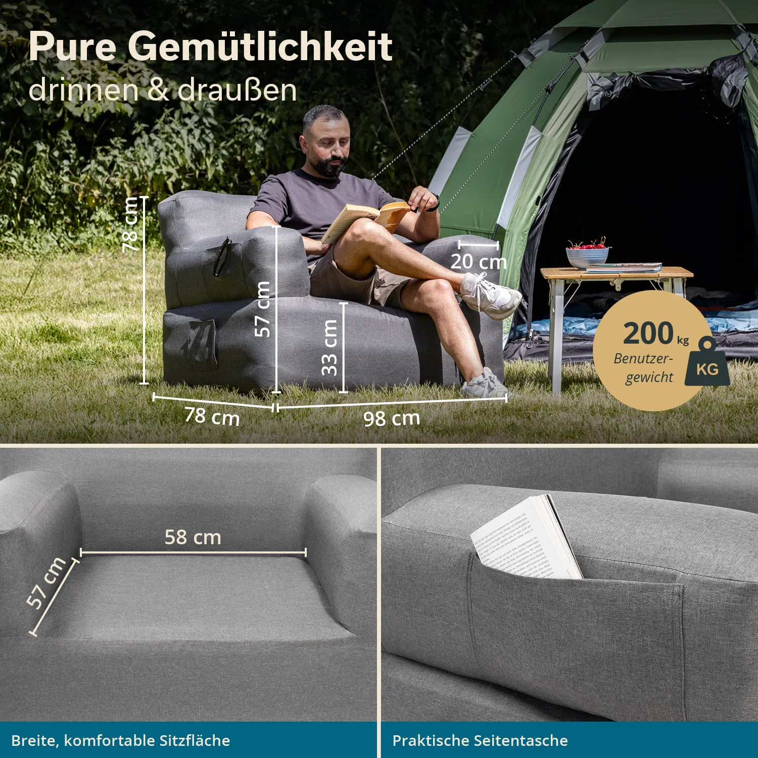 Grau gestalteter Sessel im Freien, daneben eine kleine Tischfläche und ein Zelt im Hintergrund. Maße und Details sind angegeben.