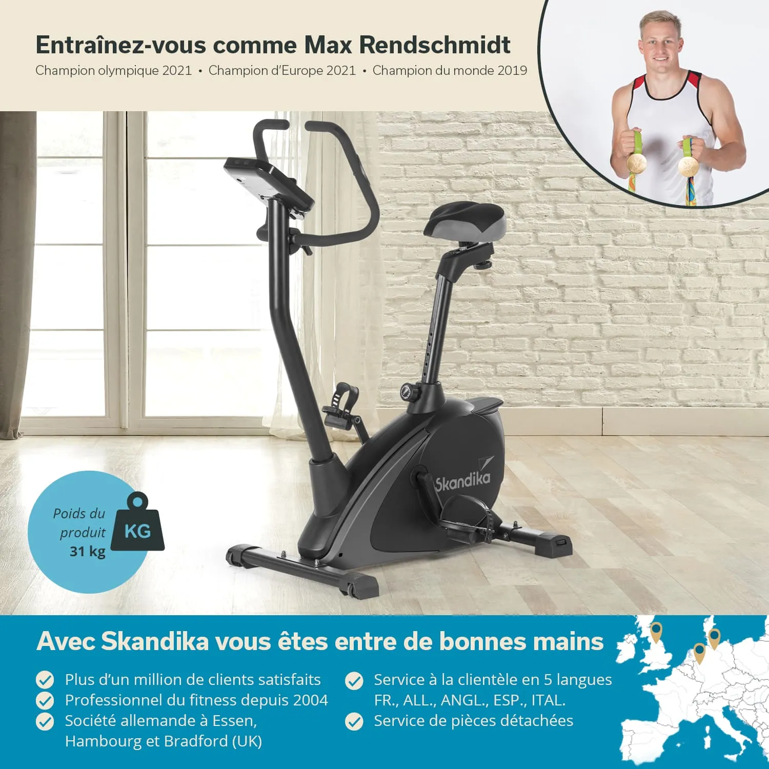 Schwarzes Fitnessgerät (Ergometer) in einem hellen Raum mit Holzfußboden und großen Fenstern, daneben eine Grafik über den Hersteller.