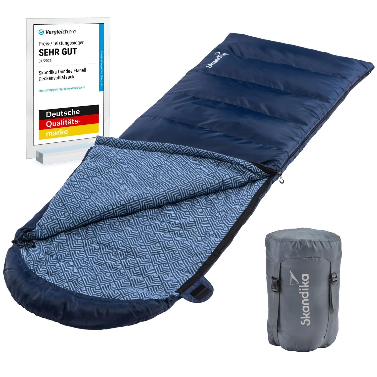 Blau gefütterter Schlafsack mit geometrischem Innenmuster und einer grauen Verpackung. Bewertungsplakat mit „SEHR GUT“-Auszeichnung.