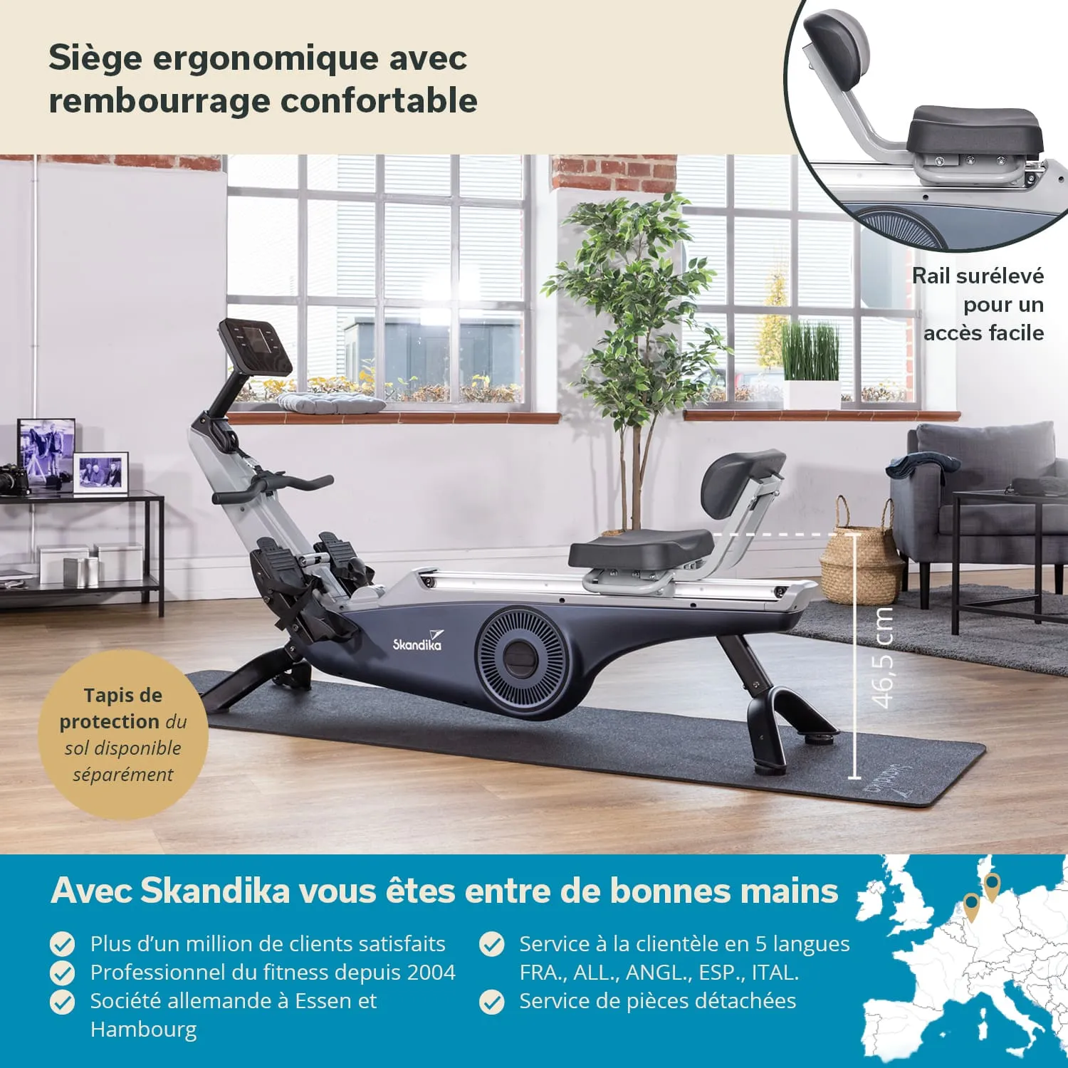 Rudergerät mit ergonomischem, gepolstertem Sitz und Bedienelementen, auf einem Teppich in einem hellen Raum mit Fenstern.