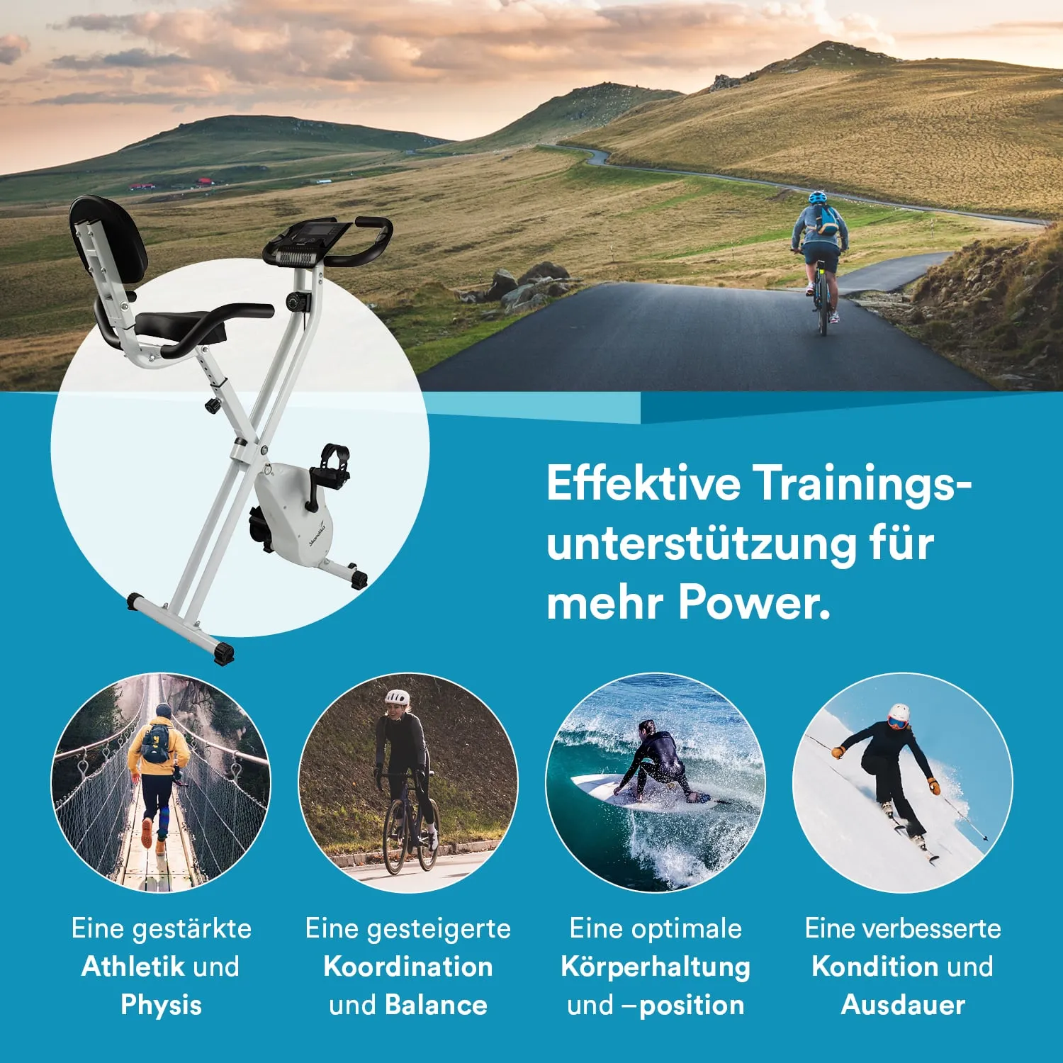 Ein Zusammenstellung von Fitnessinformationen zeigt ein stehendes Fahrrad in der Mitte. Im Hintergrund eine sanfte Hügel- und Straßenlandschaft. Vier ikonische Bilder repräsentieren verschiedene Sportarten.