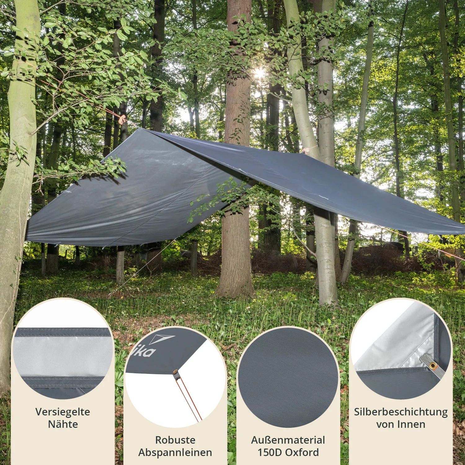 Tarp aus robustem Material hängt zwischen Bäumen im Wald, umgeben von grünen Blättern und Sonnenlicht. Detailansichten unten.