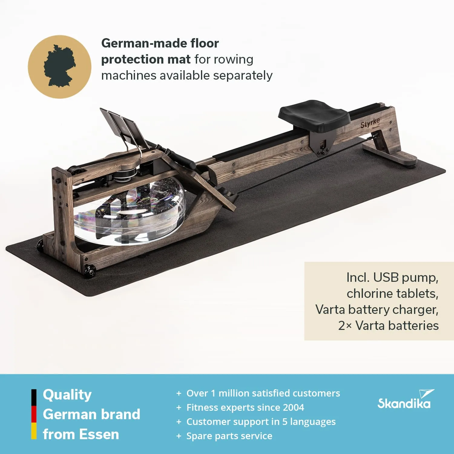 Holz-Rudergerät auf einer Fußmatte, dazu Beschriftungen über die Qualität und Zubehörteile wie USB-Pumpe und Batterien.