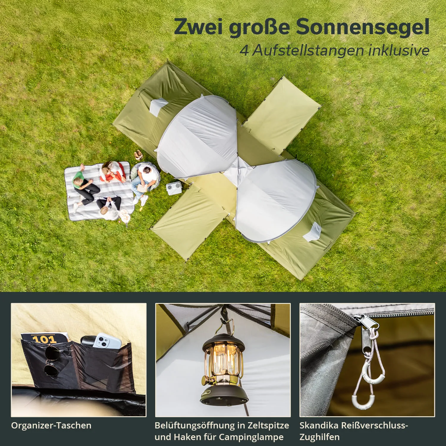 Zwei große Sonnensegel und ein Zelt auf einer Rasenfläche. Vier Personen liegen auf einer Matte und entspannen.