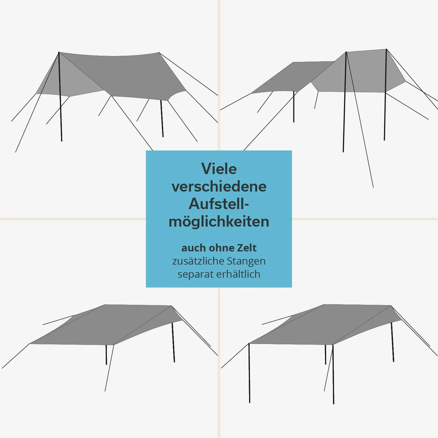 Grafische Darstellung von einem Zelt mit mehreren Aufstellmöglichkeiten. Vier Designvarianten sind abgebildet.