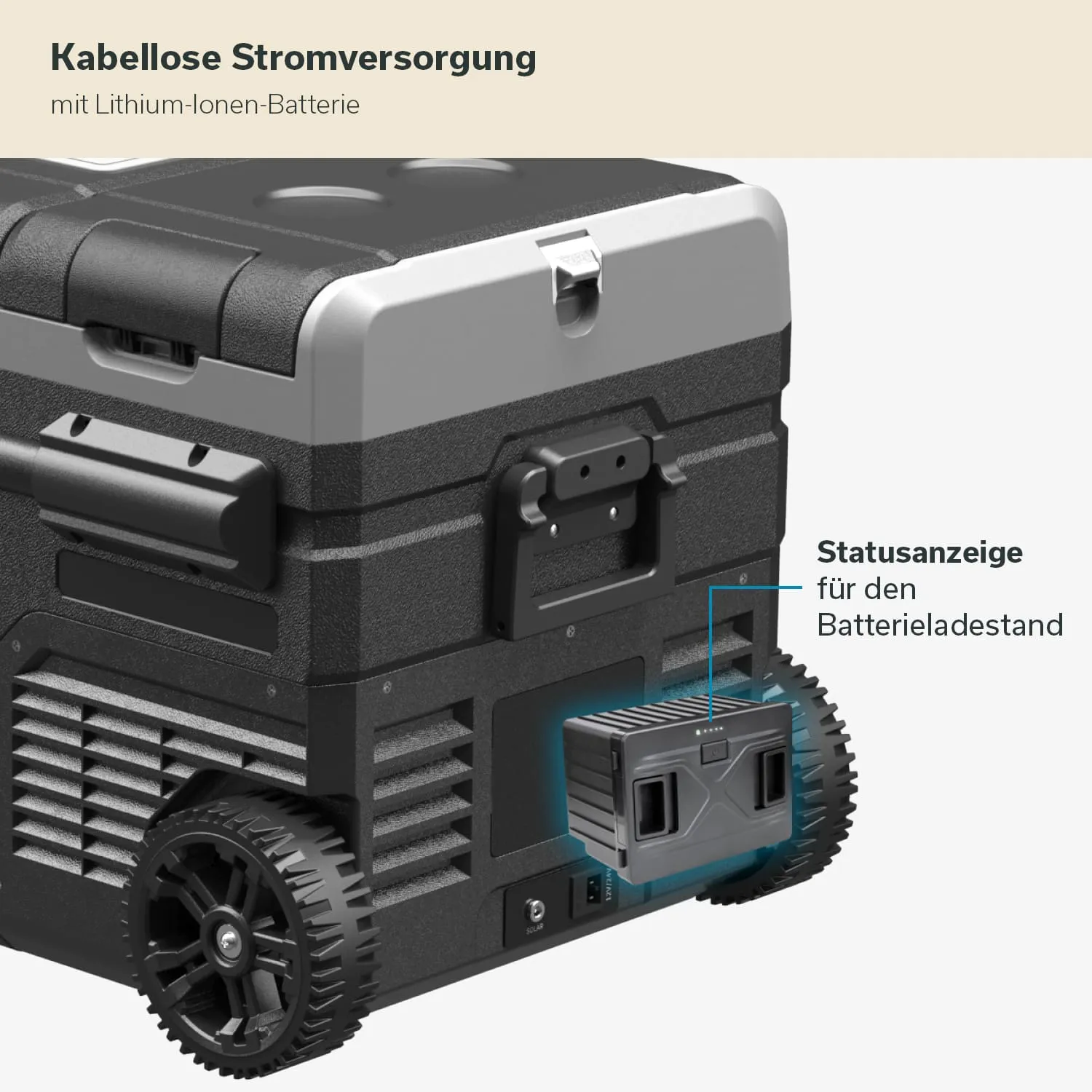 Kompakter, tragbarer Kühler mit Rollen und einer Lithium-Ionen-Batterie. Anzeige für den Batteriestatus integriert.