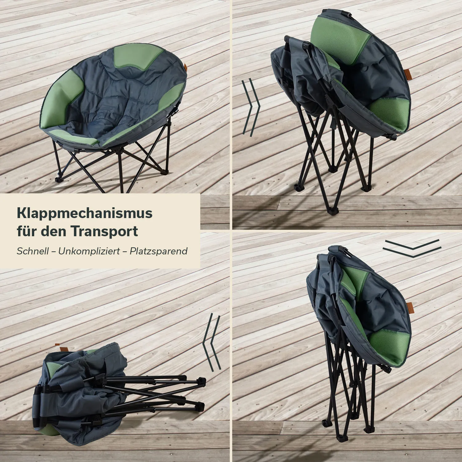 Ein Klappstuhl mit runden Sitzflächen in Schwarz und Grün auf einem Holzboden. Neben dem Stuhl sind Teile des Klappmechanismus sichtbar.