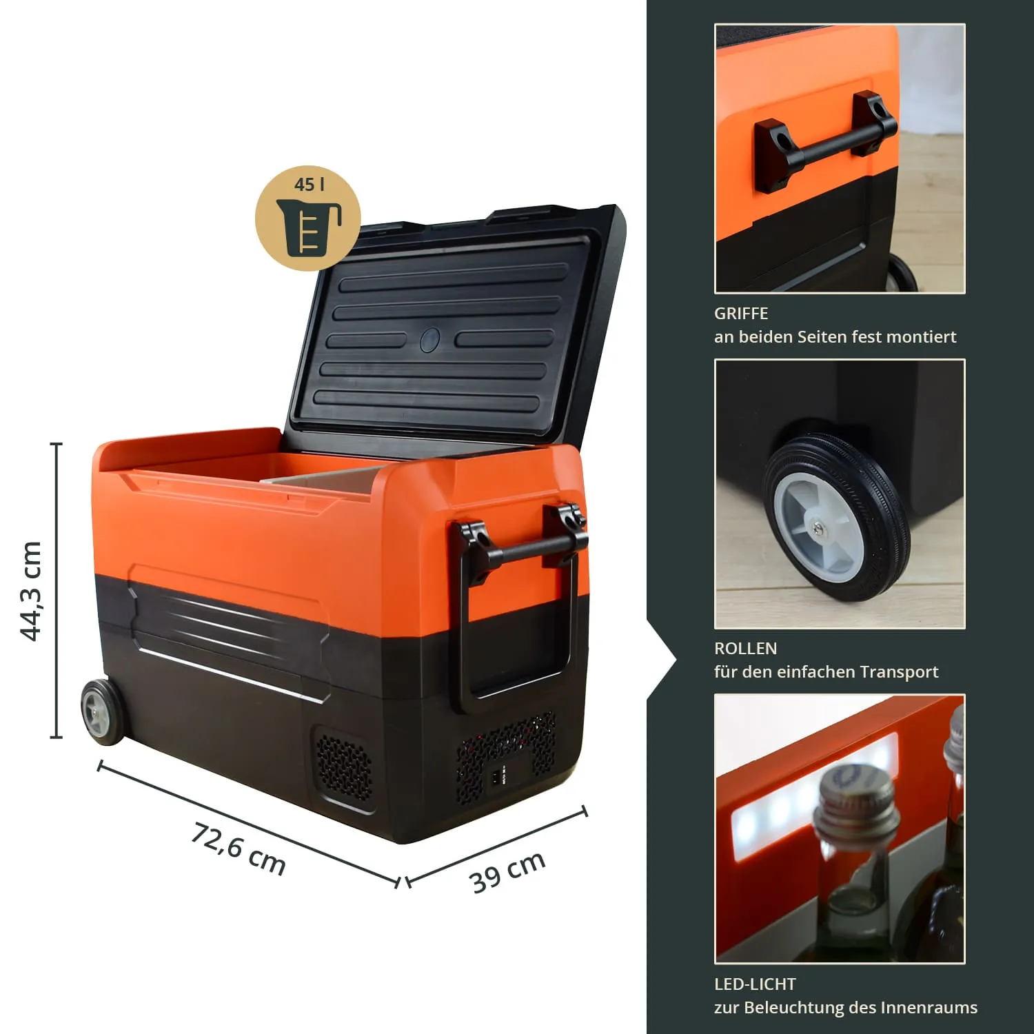 Kühlbox in orange-schwarzer Farbgebung, geöffnet, mit Griffe, Rollen und LED-Beleuchtung. Maße: 72,6 cm x 39 cm x 44,3 cm.