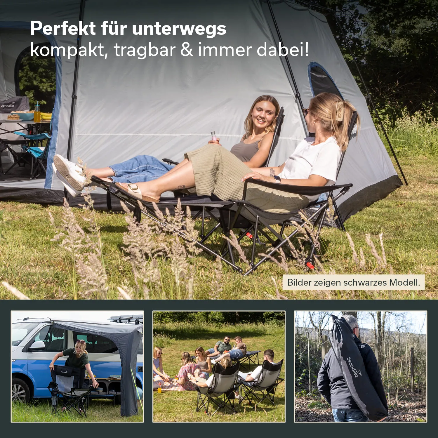 Zwei Personen sitzen entspannt in Faltstühlen vor einem Zelt auf einer Wiese. Im Hintergrund ist ein Wohnmobil und weitere Menschen in Faltstühlen zu sehen.