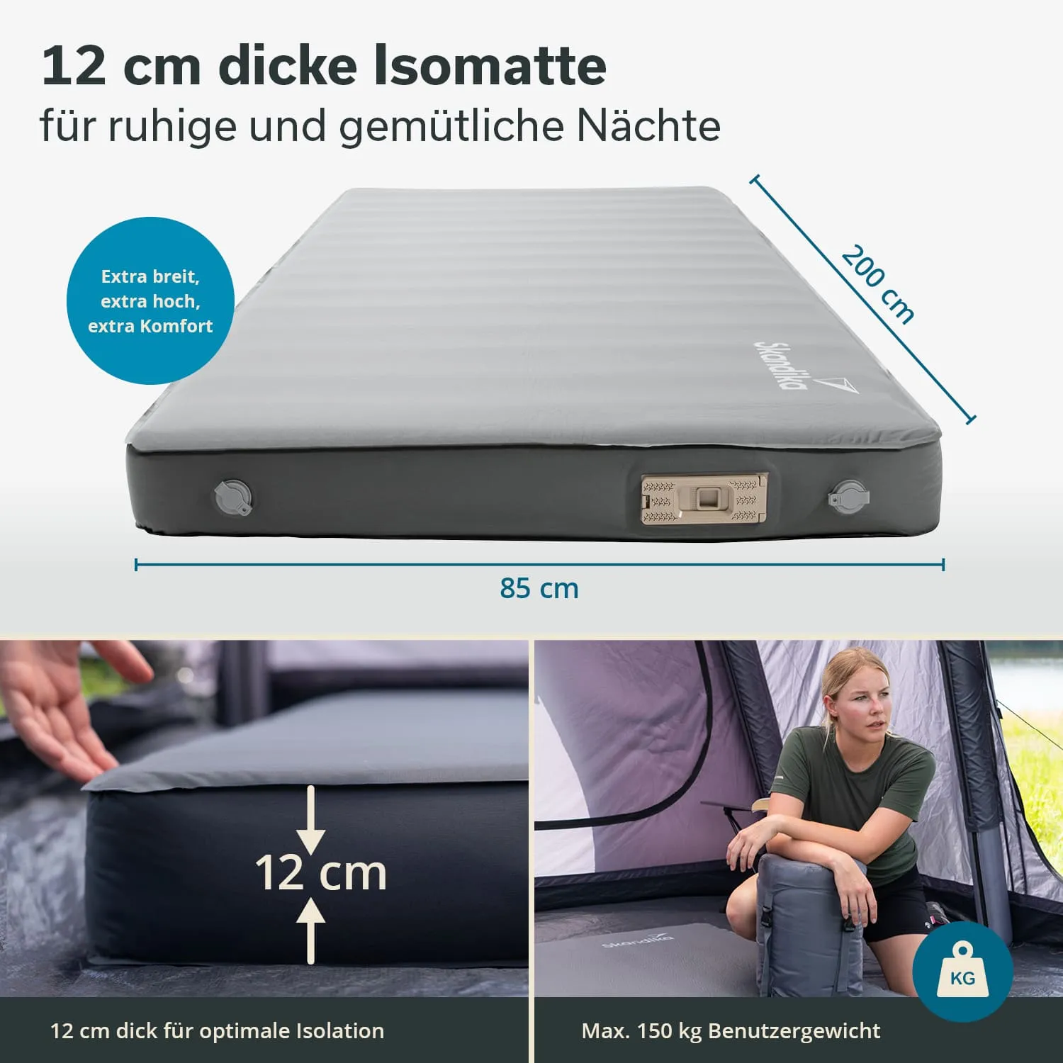 Graue Isomatte mit 12 cm Dicke, Abmessungen 200 cm x 85 cm, neben einer Person in einem Zelt. Zusatzinformationen am Rand.