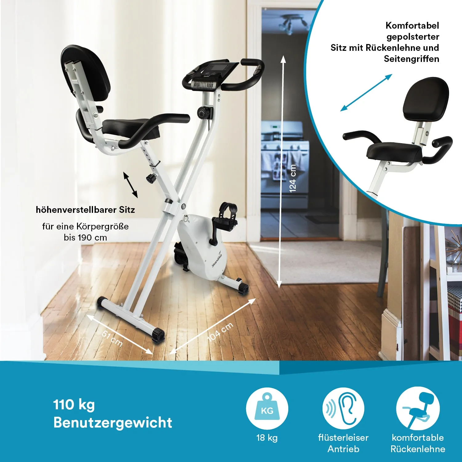 Faltbares, höhenverstellbares Fitnessgerät mit gepolstertem Sitz und Rückenlehne. Maße und Benutzergewicht angegeben.