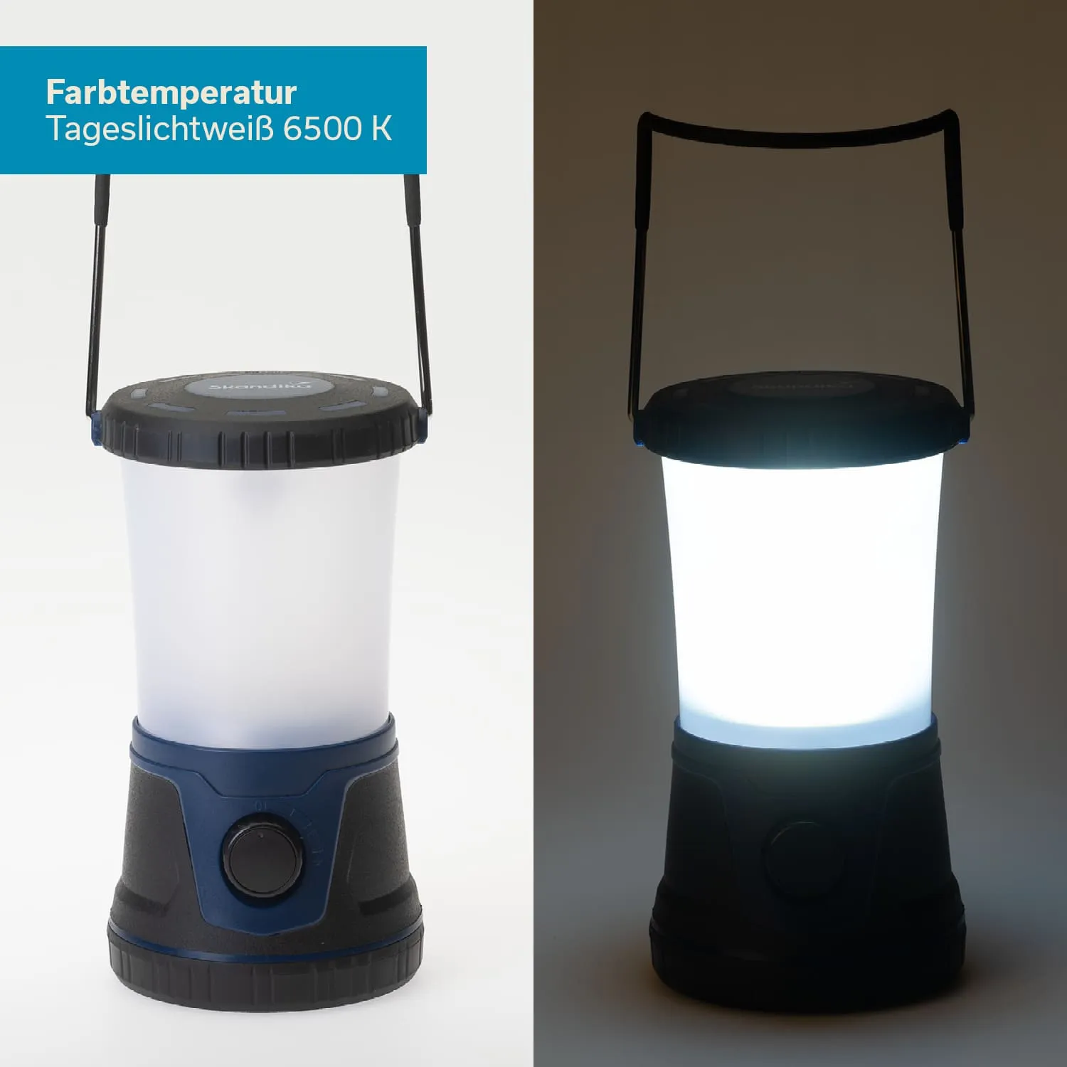 Eine tragbare Lampe mit transparentem Gehäuse und schwarzem Sockel. Links ist sie beleuchtet, rechts unsichtbar.