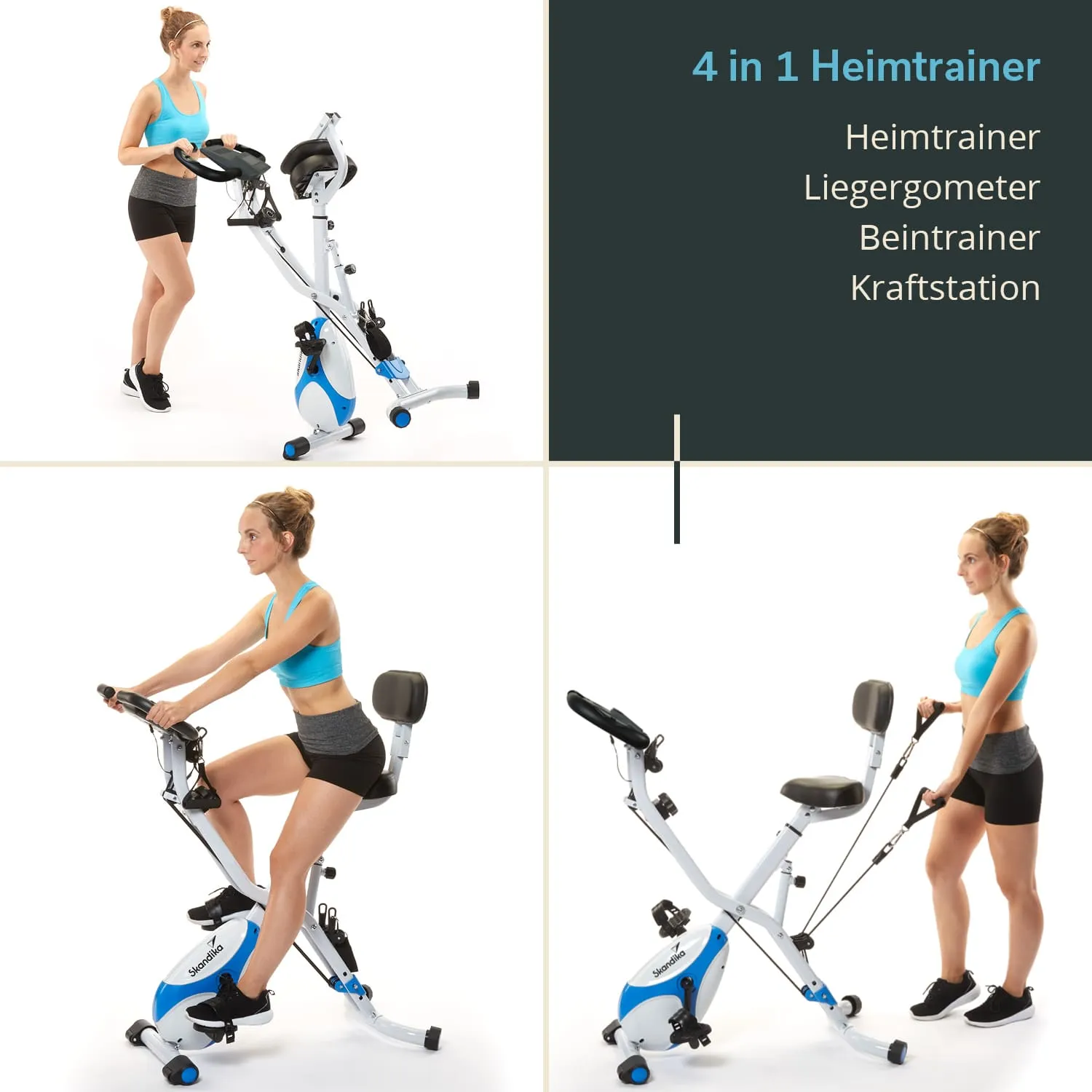 Heimtrainer mit verschiedenen Einstellmöglichkeiten, abgebildet in drei Positionen. Person nutzt die Geräte in unterschiedlichen Einstellungen.